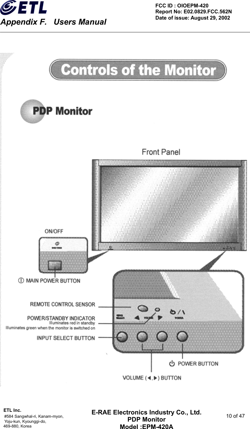    Appendix F.    Users Manual ETL Inc.                                                                                    #584 Sangwhal-ri, Kanam-myon,  10 of 47 Yoju-kun, Kyounggi-do,  469-880, Korea     FCC ID : OIOEPM-420   Report No: E02.0829.FCC.562N   Date of issue: August 29, 2002 E-RAE Electronics Industry Co., Ltd. PDP Monitor Model :EPM-420A                                    