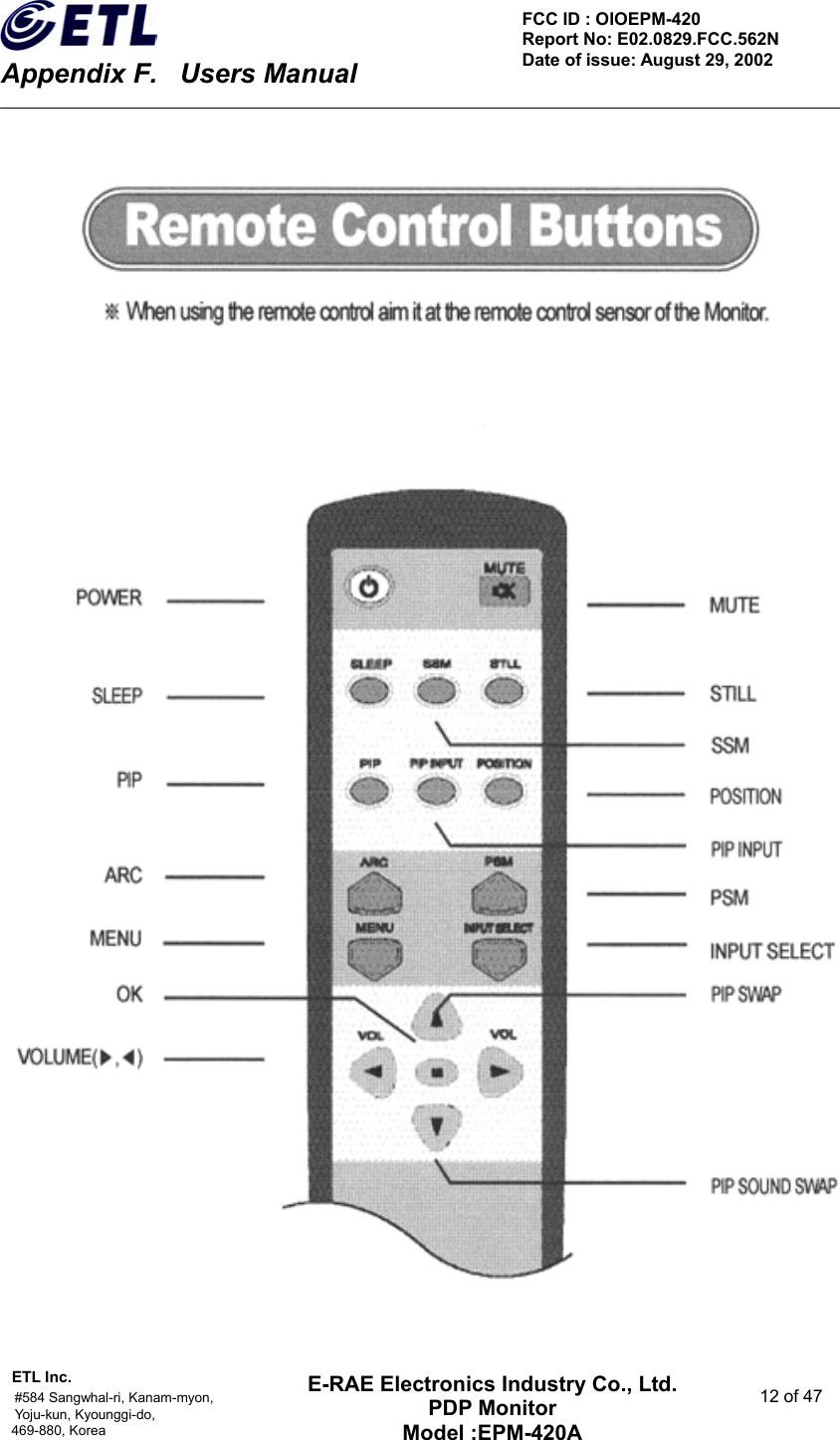    Appendix F.    Users Manual ETL Inc.                                                                                    #584 Sangwhal-ri, Kanam-myon,  12 of 47 Yoju-kun, Kyounggi-do,   469-880, Korea     FCC ID : OIOEPM-420   Report No: E02.0829.FCC.562N   Date of issue: August 29, 2002 E-RAE Electronics Industry Co., Ltd. PDP Monitor Model :EPM-420A                                    