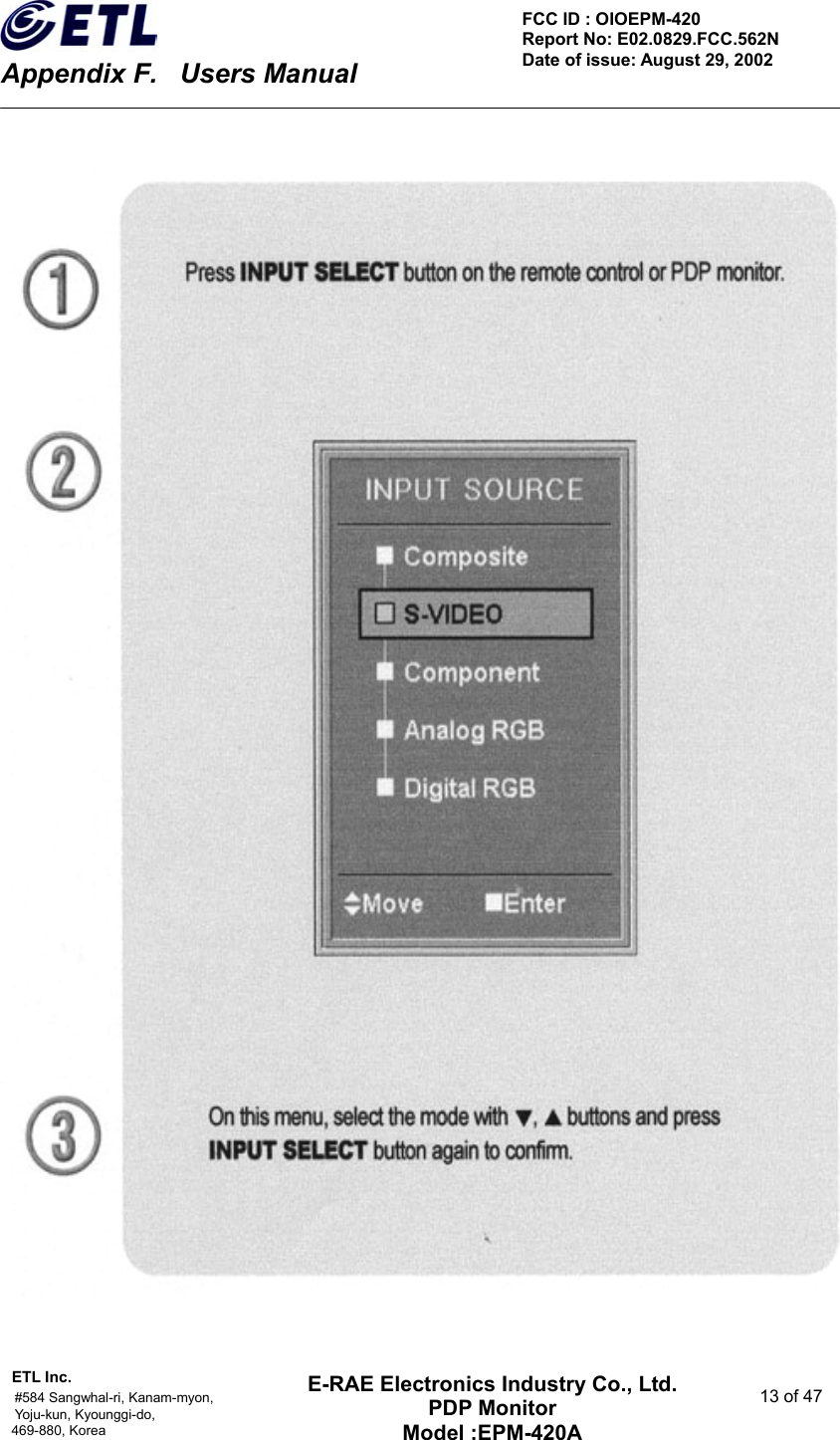    Appendix F.    Users Manual ETL Inc.                                                                                    #584 Sangwhal-ri, Kanam-myon,  13 of 47 Yoju-kun, Kyounggi-do,   469-880, Korea     FCC ID : OIOEPM-420   Report No: E02.0829.FCC.562N   Date of issue: August 29, 2002 E-RAE Electronics Industry Co., Ltd. PDP Monitor Model :EPM-420A                                    