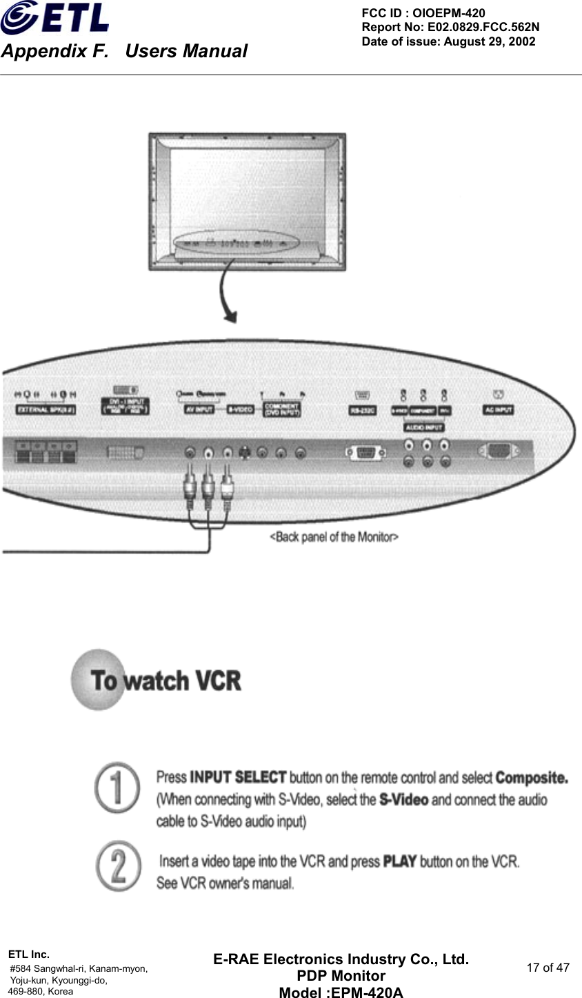    Appendix F.    Users Manual ETL Inc.                                                                                    #584 Sangwhal-ri, Kanam-myon,  17 of 47 Yoju-kun, Kyounggi-do,   469-880, Korea     FCC ID : OIOEPM-420   Report No: E02.0829.FCC.562N   Date of issue: August 29, 2002 E-RAE Electronics Industry Co., Ltd. PDP Monitor Model :EPM-420A                                    