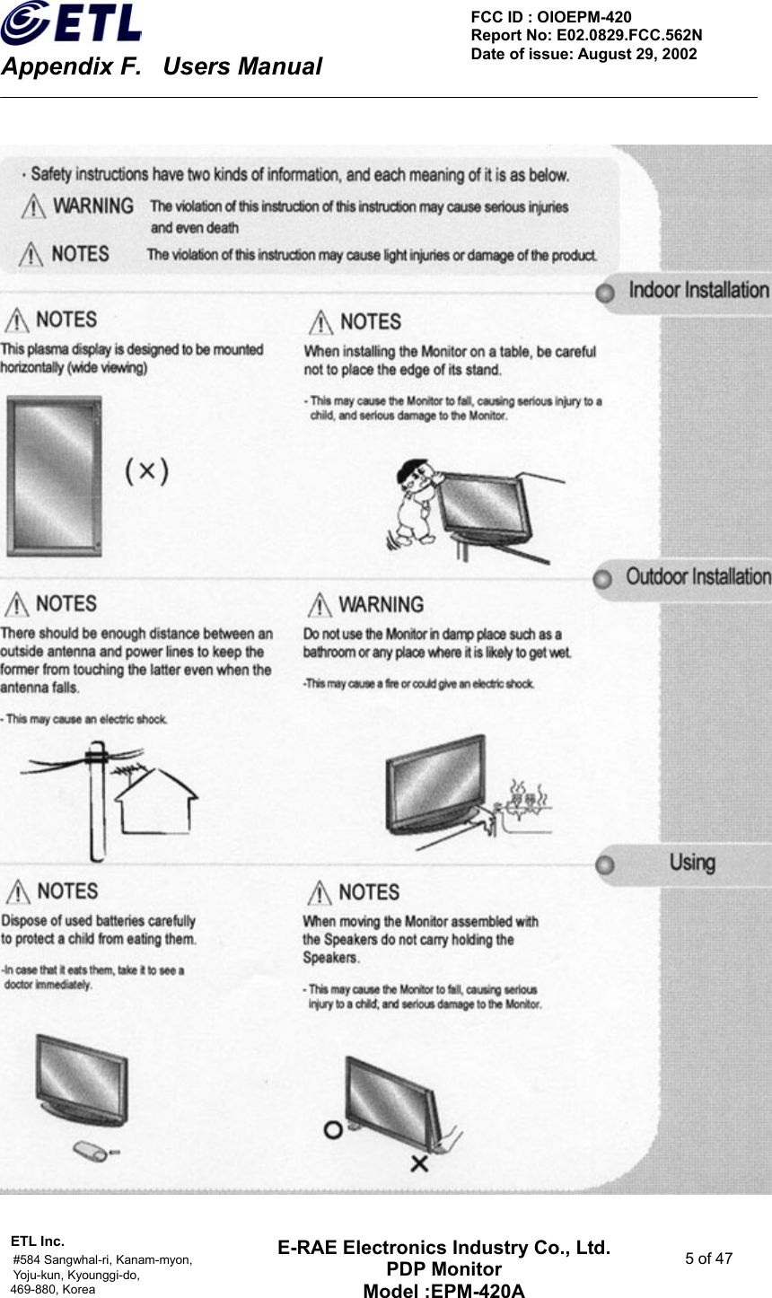    Appendix F.    Users Manual ETL Inc.                                                                                    #584 Sangwhal-ri, Kanam-myon,  5 of 47 Yoju-kun, Kyounggi-do,  469-880, Korea     FCC ID : OIOEPM-420   Report No: E02.0829.FCC.562N   Date of issue: August 29, 2002 E-RAE Electronics Industry Co., Ltd. PDP Monitor Model :EPM-420A                                    