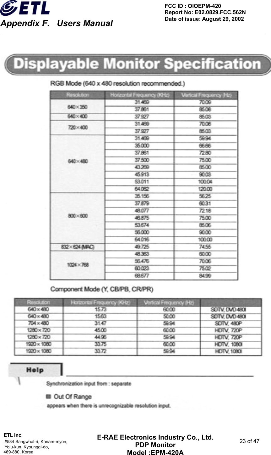    Appendix F.    Users Manual ETL Inc.                                                                                    #584 Sangwhal-ri, Kanam-myon,  23 of 47 Yoju-kun, Kyounggi-do,  469-880, Korea     FCC ID : OIOEPM-420   Report No: E02.0829.FCC.562N   Date of issue: August 29, 2002 E-RAE Electronics Industry Co., Ltd. PDP Monitor Model :EPM-420A                                    