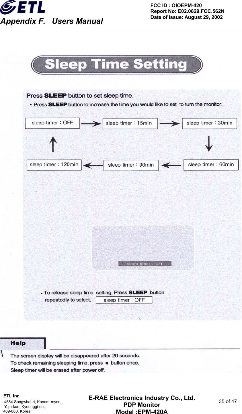    Appendix F.    Users Manual ETL Inc.                                                                                    #584 Sangwhal-ri, Kanam-myon,  35 of 47 Yoju-kun, Kyounggi-do,  469-880, Korea     FCC ID : OIOEPM-420   Report No: E02.0829.FCC.562N   Date of issue: August 29, 2002 E-RAE Electronics Industry Co., Ltd. PDP Monitor Model :EPM-420A                                    