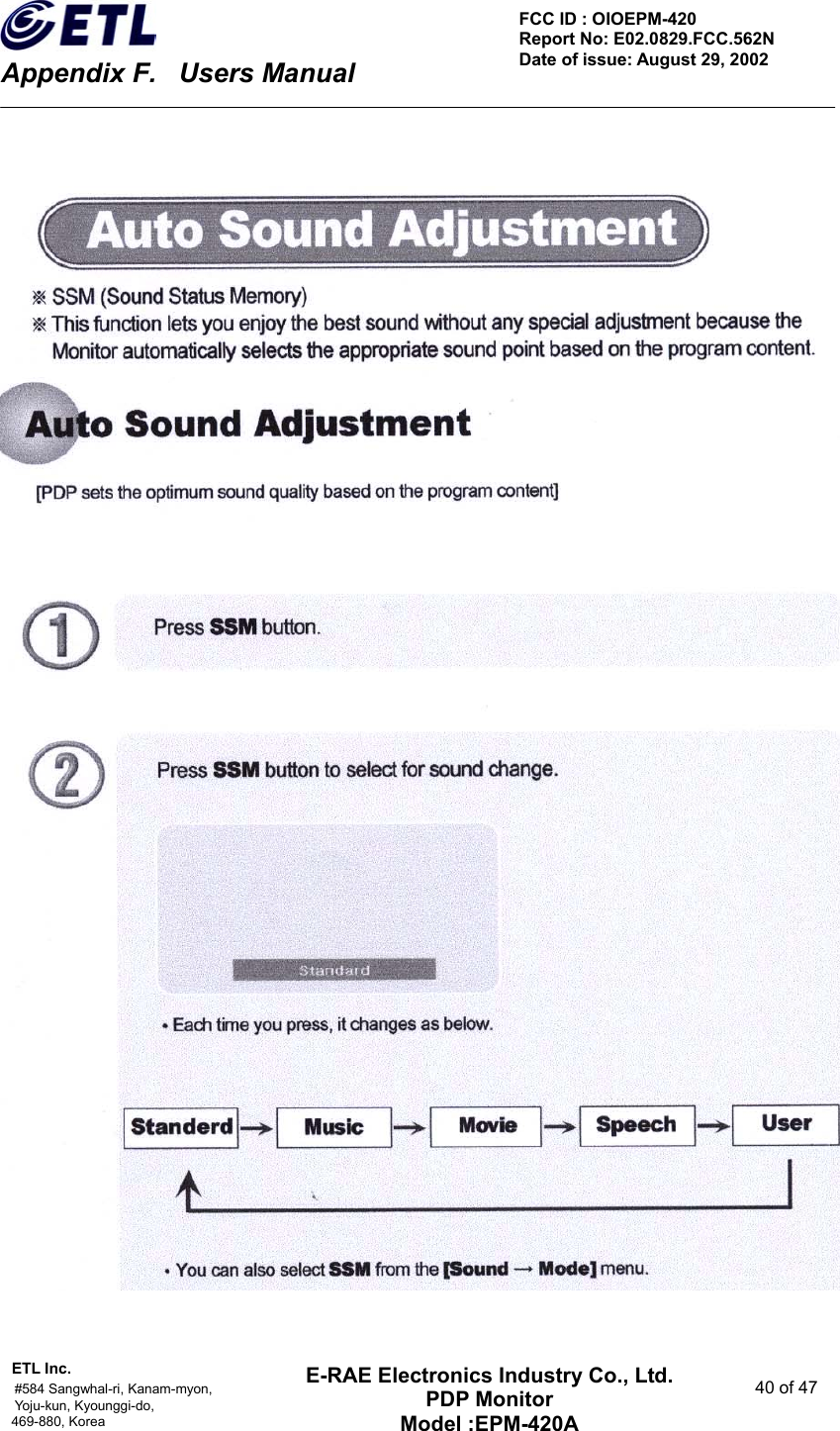    Appendix F.    Users Manual ETL Inc.                                                                                    #584 Sangwhal-ri, Kanam-myon,  40 of 47 Yoju-kun, Kyounggi-do,  469-880, Korea     FCC ID : OIOEPM-420   Report No: E02.0829.FCC.562N   Date of issue: August 29, 2002 E-RAE Electronics Industry Co., Ltd. PDP Monitor Model :EPM-420A                                    