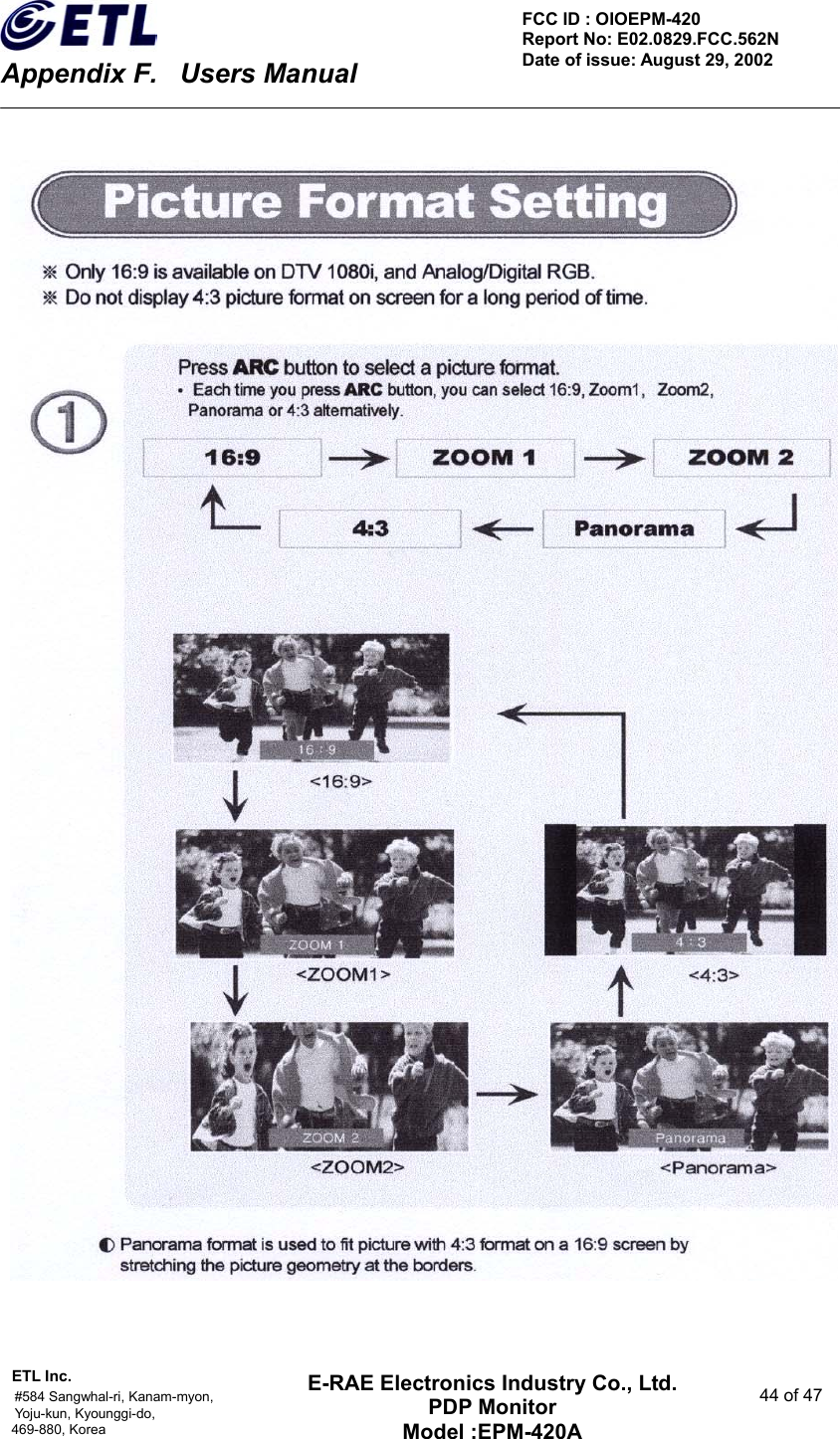    Appendix F.    Users Manual ETL Inc.                                                                                    #584 Sangwhal-ri, Kanam-myon,  44 of 47 Yoju-kun, Kyounggi-do,  469-880, Korea     FCC ID : OIOEPM-420   Report No: E02.0829.FCC.562N   Date of issue: August 29, 2002 E-RAE Electronics Industry Co., Ltd. PDP Monitor Model :EPM-420A                                    