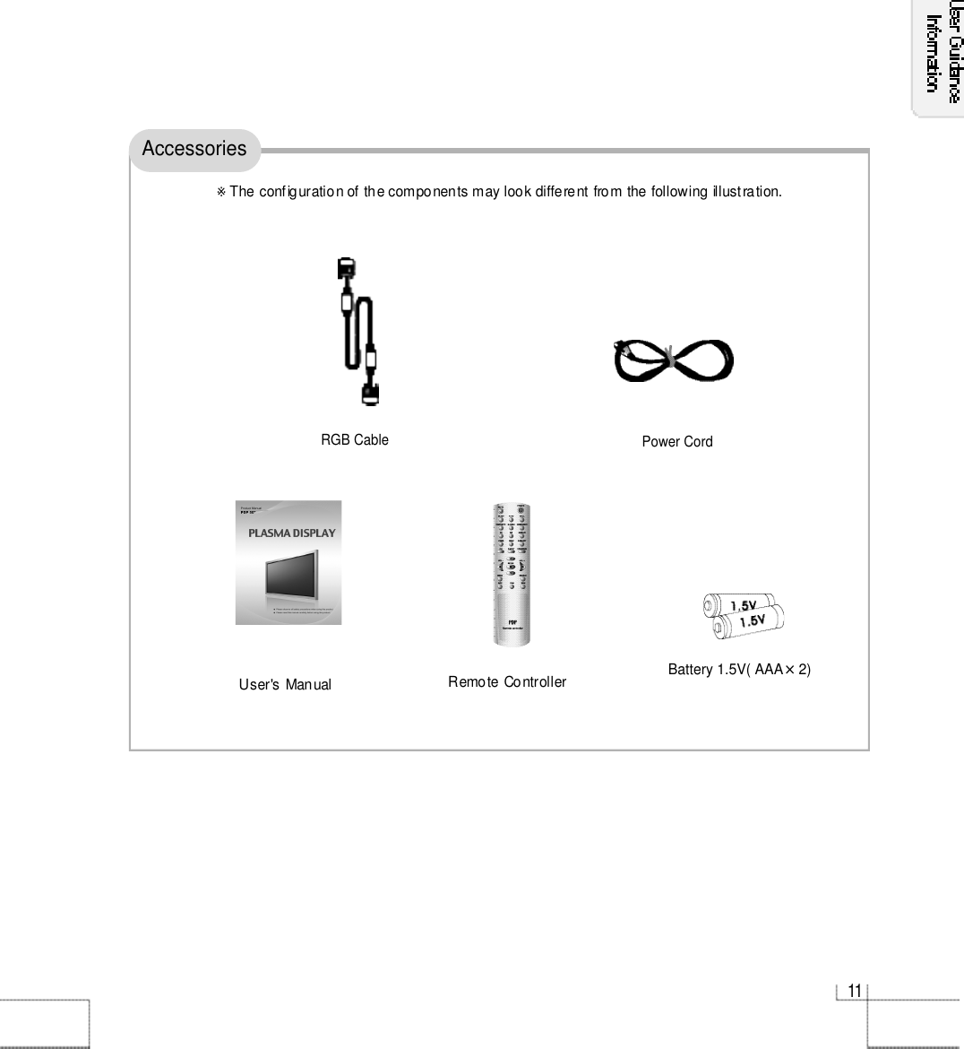 1 1AccessoriesRemote ControllerUser&apos;s Manual Battery 1.5V( AAA×2) ※The configuration of the components may look different from the following illustration.Power CordRGB Cable