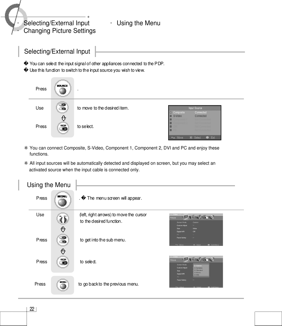 Use                               to move to the desired item.                 Press                            to select.   2 2・Selecting/External Input            ・Using the Menu・Changing Picture Settings※You can connect Composite, S-Video, Component 1, Component 2, DVI and PC and enjoy thesefunctions.※All input sources will be automatically detected and displayed on screen, but you may select an  activated source when the input cable is connected only.Press                            .You can select the input signal of other appliances connected to the PDP.Use this function to switch to the input source you wish to view.Selecting/External InputUsing the MenuUse                                (left, right arrows) to move the cursor                    to the desired function.Press                              to get into the sub menu.   Press                              to select.                Press                             . The menu screen will appear.Press                              to go back to the previous menu.               