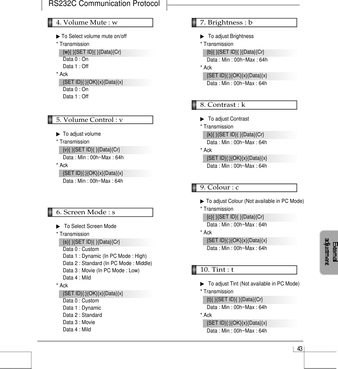 4 34. Volume Mute : w▶To Select volume mute on/off* Transmission{w}{ }{SET ID}{ }{Data}{Cr}Data 0 : OnData 1 : Off* Ack{SET ID}{:}{OK}{x}{Data}{x}Data 0 : OnData 1 : Off5. Volume Control : v▶To adjust volume * Transmission{v}{ }{SET ID}{ }{Data}{Cr}Data : Min : 00h~Max : 64h* Ack{SET ID}{:}{OK}{x}{Data}{x}Data : Min : 00h~Max : 64h6. Screen Mode : s▶To Select Screen Mode* Transmission{s}{ }{SET ID}{ }{Data}{Cr}Data 0 : CustomData 1 : Dynamic (In PC Mode : High)Data 2 : Standard (In PC Mode : Middle)Data 3 : Movie (In PC Mode : Low)Data 4 : Mild* Ack{SET ID}{:}{OK}{x}{Data}{x}Data 0 : CustomData 1 : DynamicData 2 : StandardData 3 : MovieData 4 : Mild7. Brightness : b▶To adjust Brightness* Transmission{b}{ }{SET ID}{ }{Data}{Cr}Data : Min : 00h~Max : 64h* Ack{SET ID}{:}{OK}{x}{Data}{x}Data : Min : 00h~Max : 64h8. Contrast : k▶To adjust Contrast* Transmission{k}{ }{SET ID}{ }{Data}{Cr}Data : Min : 00h~Max : 64h* Ack{SET ID}{:}{OK}{x}{Data}{x}Data : Min : 00h~Max : 64h9. Colour : c▶To adjust Colour (Not available in PC Mode)* Transmission{c}{ }{SET ID}{ }{Data}{Cr}Data : Min : 00h~Max : 64h* Ack{SET ID}{:}{OK}{x}{Data}{x}Data : Min : 00h~Max : 64h10. Tint : t▶To adjust Tint (Not available in PC Mode)* Transmission{t}{ }{SET ID}{ }{Data}{Cr}Data : Min : 00h~Max : 64h* Ack{SET ID}{:}{OK}{x}{Data}{x}Data : Min : 00h~Max : 64hRS232C Communication Protocol
