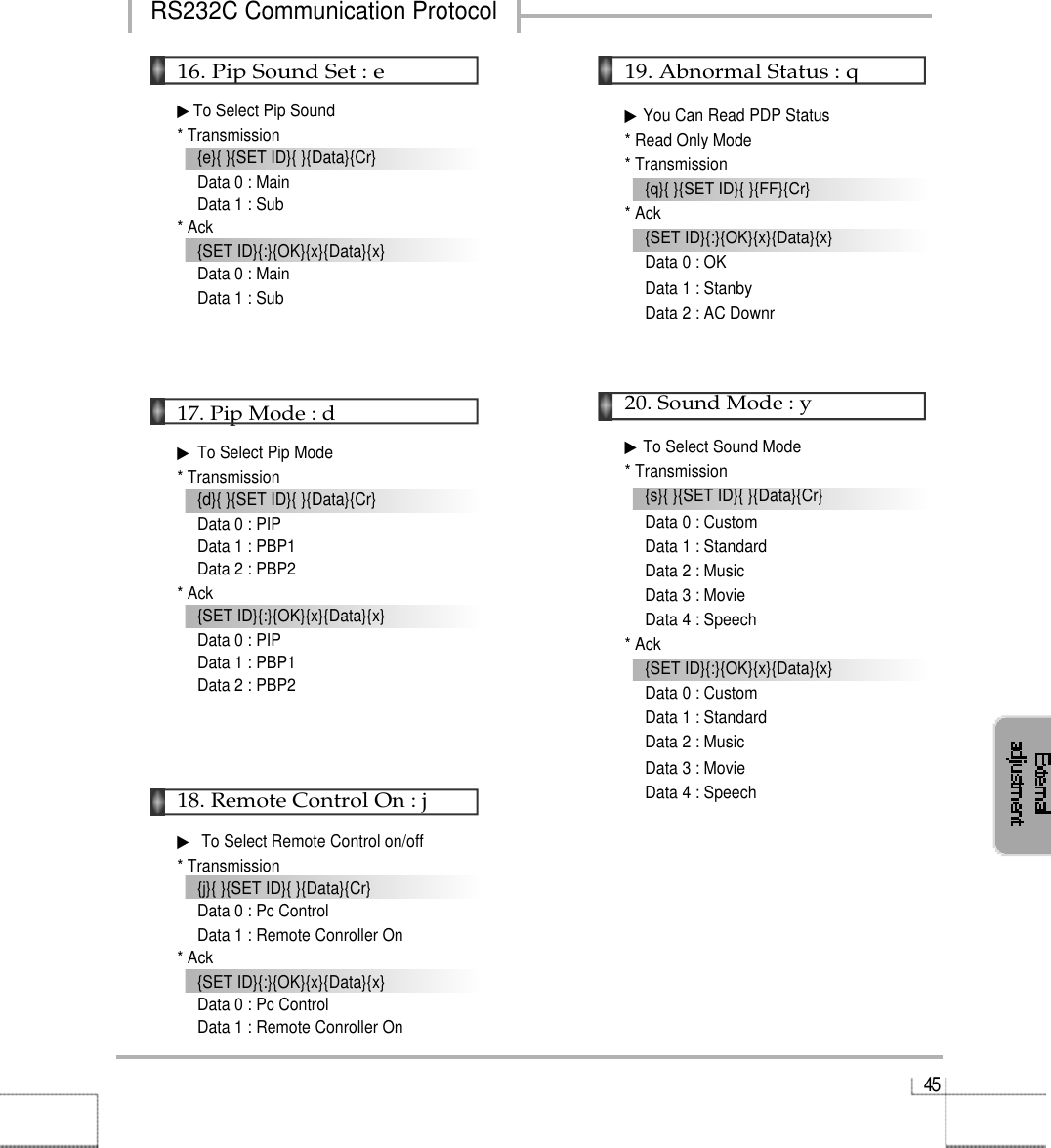 4 516. Pip Sound Set : e▶To Select Pip Sound* Transmission{e}{ }{SET ID}{ }{Data}{Cr}Data 0 : MainData 1 : Sub* Ack{SET ID}{:}{OK}{x}{Data}{x}Data 0 : MainData 1 : Sub17. Pip Mode : d▶To Select Pip Mode* Transmission{d}{ }{SET ID}{ }{Data}{Cr}Data 0 : PIPData 1 : PBP1Data 2 : PBP2* Ack{SET ID}{:}{OK}{x}{Data}{x}Data 0 : PIPData 1 : PBP1Data 2 : PBP218. Remote Control On : j▶To Select Remote Control on/off* Transmission{j}{ }{SET ID}{ }{Data}{Cr}Data 0 : Pc ControlData 1 : Remote Conroller On* Ack{SET ID}{:}{OK}{x}{Data}{x}Data 0 : Pc ControlData 1 : Remote Conroller On19. Abnormal Status : q▶You Can Read PDP Status* Read Only Mode* Transmission{q}{ }{SET ID}{ }{FF}{Cr}* Ack{SET ID}{:}{OK}{x}{Data}{x}Data 0 : OKData 1 : StanbyData 2 : AC Downr20. Sound Mode : y▶To Select Sound Mode* Transmission{s}{ }{SET ID}{ }{Data}{Cr}Data 0 : CustomData 1 : StandardData 2 : MusicData 3 : MovieData 4 : Speech* Ack{SET ID}{:}{OK}{x}{Data}{x}Data 0 : CustomData 1 : StandardData 2 : MusicData 3 : MovieData 4 : SpeechRS232C Communication Protocol