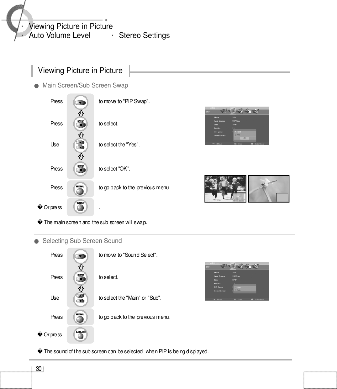 3 0・Viewing Picture in Picture・Auto Volume Level          ・Stereo Settings●Selecting Sub Screen SoundOr press                             . The main screen and the sub screen will swap.Press                           to move to &quot;PIP Swap&quot;.    Press                           to select.                 Use                             to select the &quot;Yes&quot;.Press                           to select &quot;OK&quot;.                 Press                           to go back to the previous menu.  Or press                             . The sound of the sub screen can be selected  when PIP is being displayed.Press                           to move to &quot;Sound Select&quot;. Press                           to select.                 Use                             to select the &quot;Main&quot; or &quot;Sub&quot;.Press                           to go back to the previous menu.         포스트스크립트󰚟그림사진󰚟copy.eps●Main Screen/Sub Screen SwapViewing Picture in Picture