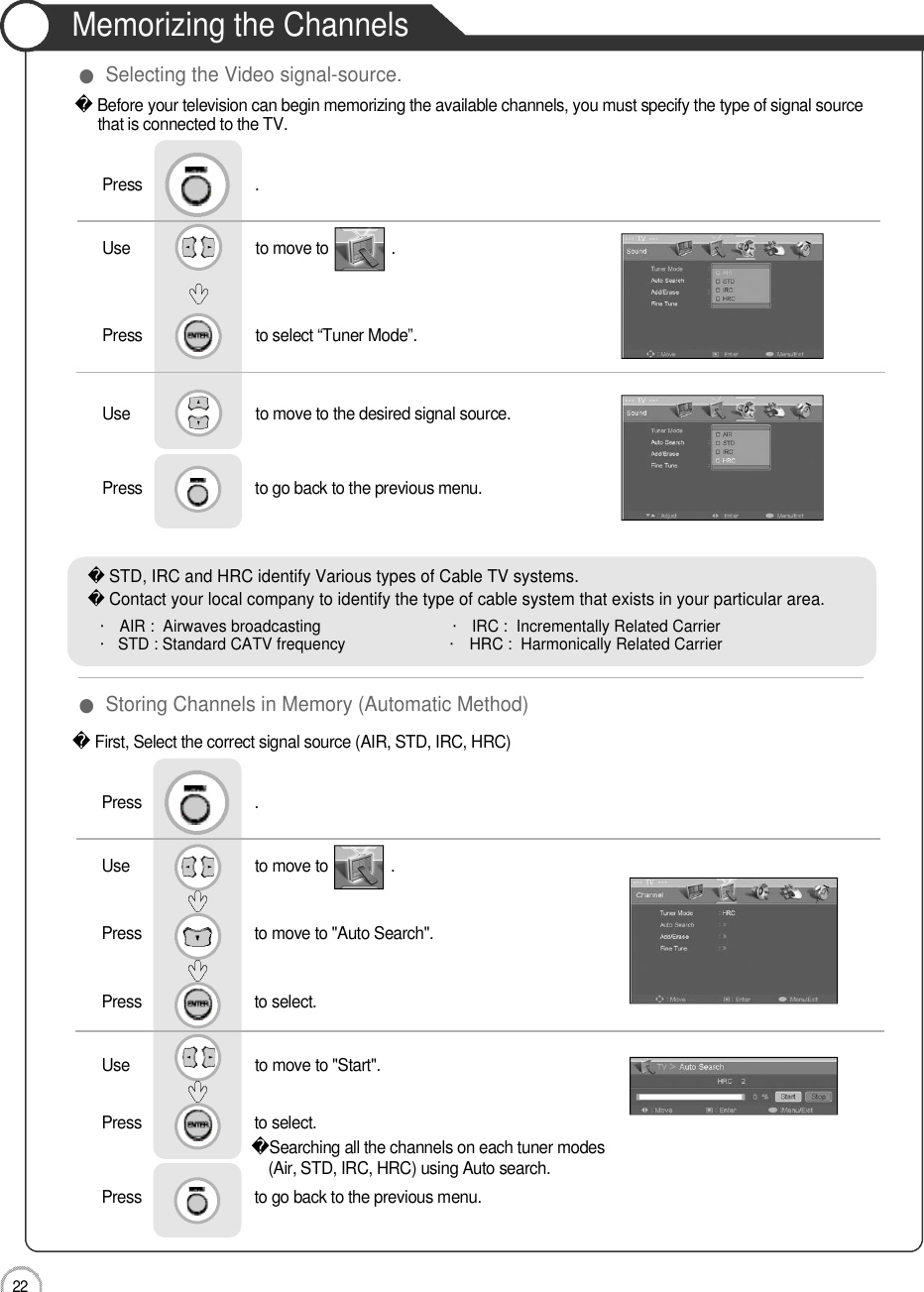 Memorizing the Channels2 2Basic UseBefore your television can begin memorizing the available channels, you must specify the type of signal source that is connected to the TV.First, Select the correct signal source (AIR, STD, IRC, HRC)Use                              to move to               .                  Press                           to move to &quot;Auto Search&quot;.    Press                           to select.                 Press                           .Use                              to move to &quot;Start&quot;.Press                           to select.Searching all the channels on each tuner modes (Air, STD, IRC, HRC) using Auto search.Press                           to go back to the previous menu.                    Use                              to move to               .                  Press                           to select “Tuner Mode”.             Press                           .Use                              to move to the desired signal source.Press                           to go back to the previous menu.                    ●Selecting the Video signal-source.●Storing Channels in Memory (Automatic Method)・AIR :  Airwaves broadcasting                              ・IRC :  Incrementally Related Carrier・STD : Standard CATV frequency                       ・HRC :  Harmonically Related CarrierSTD, IRC and HRC identify Various types of Cable TV systems.Contact your local company to identify the type of cable system that exists in your particular area.