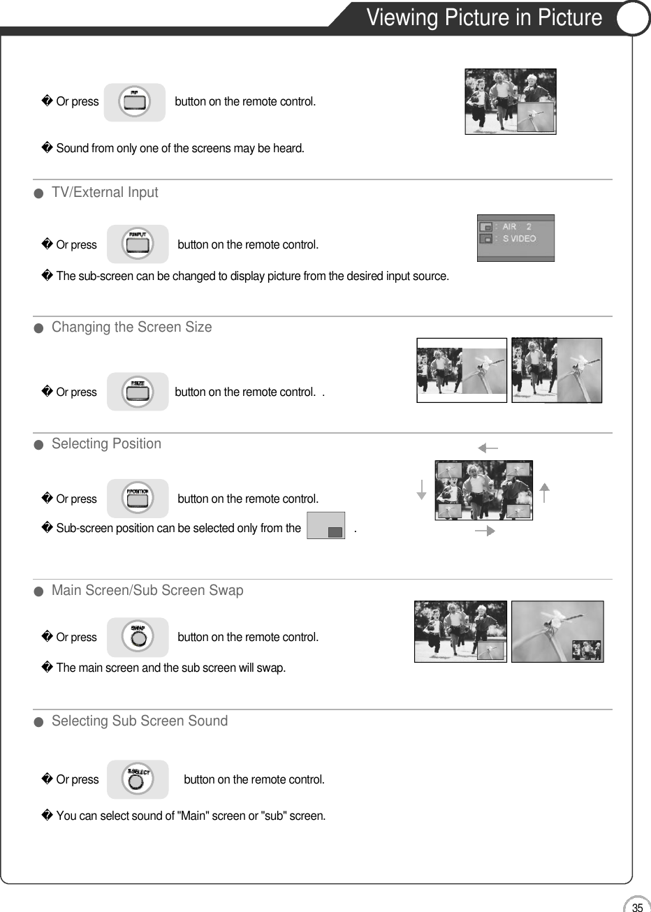 3 5Viewing Picture in PictureApplicationOr press                          button on the remote control. Sound from only one of the screens may be heard.Or press                             button on the remote control. The sub-screen can be changed to display picture from the desired input source.Or press                             button on the remote control. Sub-screen position can be selected only from the                  .Or press                             button on the remote control.The main screen and the sub screen will swap.Or press                             button on the remote control.  You can select sound of &quot;Main&quot; screen or &quot;sub&quot; screen.Or press                            button on the remote control. . ●TV/External Input●Changing the Screen Size●Main Screen/Sub Screen Swap●Selecting Position●Selecting Sub Screen Sound