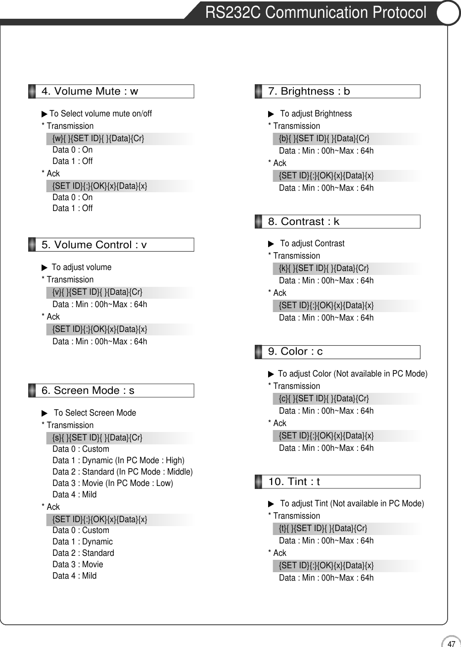 4 7External adjustmentRS232C Communication Protocol4. Volume Mute : w▶To Select volume mute on/off* Transmission{w}{ }{SET ID}{ }{Data}{Cr}Data 0 : OnData 1 : Off* Ack{SET ID}{:}{OK}{x}{Data}{x}Data 0 : OnData 1 : Off5. Volume Control : v▶To adjust volume * Transmission{v}{ }{SET ID}{ }{Data}{Cr}Data : Min : 00h~Max : 64h* Ack{SET ID}{:}{OK}{x}{Data}{x}Data : Min : 00h~Max : 64h6. Screen Mode : s▶To Select Screen Mode* Transmission{s}{ }{SET ID}{ }{Data}{Cr}Data 0 : CustomData 1 : Dynamic (In PC Mode : High)Data 2 : Standard (In PC Mode : Middle)Data 3 : Movie (In PC Mode : Low)Data 4 : Mild* Ack{SET ID}{:}{OK}{x}{Data}{x}Data 0 : CustomData 1 : DynamicData 2 : StandardData 3 : MovieData 4 : Mild7. Brightness : b▶To adjust Brightness* Transmission{b}{ }{SET ID}{ }{Data}{Cr}Data : Min : 00h~Max : 64h* Ack{SET ID}{:}{OK}{x}{Data}{x}Data : Min : 00h~Max : 64h8. Contrast : k▶To adjust Contrast* Transmission{k}{ }{SET ID}{ }{Data}{Cr}Data : Min : 00h~Max : 64h* Ack{SET ID}{:}{OK}{x}{Data}{x}Data : Min : 00h~Max : 64h9. Color : c▶To adjust Color (Not available in PC Mode)* Transmission{c}{ }{SET ID}{ }{Data}{Cr}Data : Min : 00h~Max : 64h* Ack{SET ID}{:}{OK}{x}{Data}{x}Data : Min : 00h~Max : 64h10. Tint : t▶To adjust Tint (Not available in PC Mode)* Transmission{t}{ }{SET ID}{ }{Data}{Cr}Data : Min : 00h~Max : 64h* Ack{SET ID}{:}{OK}{x}{Data}{x}Data : Min : 00h~Max : 64h