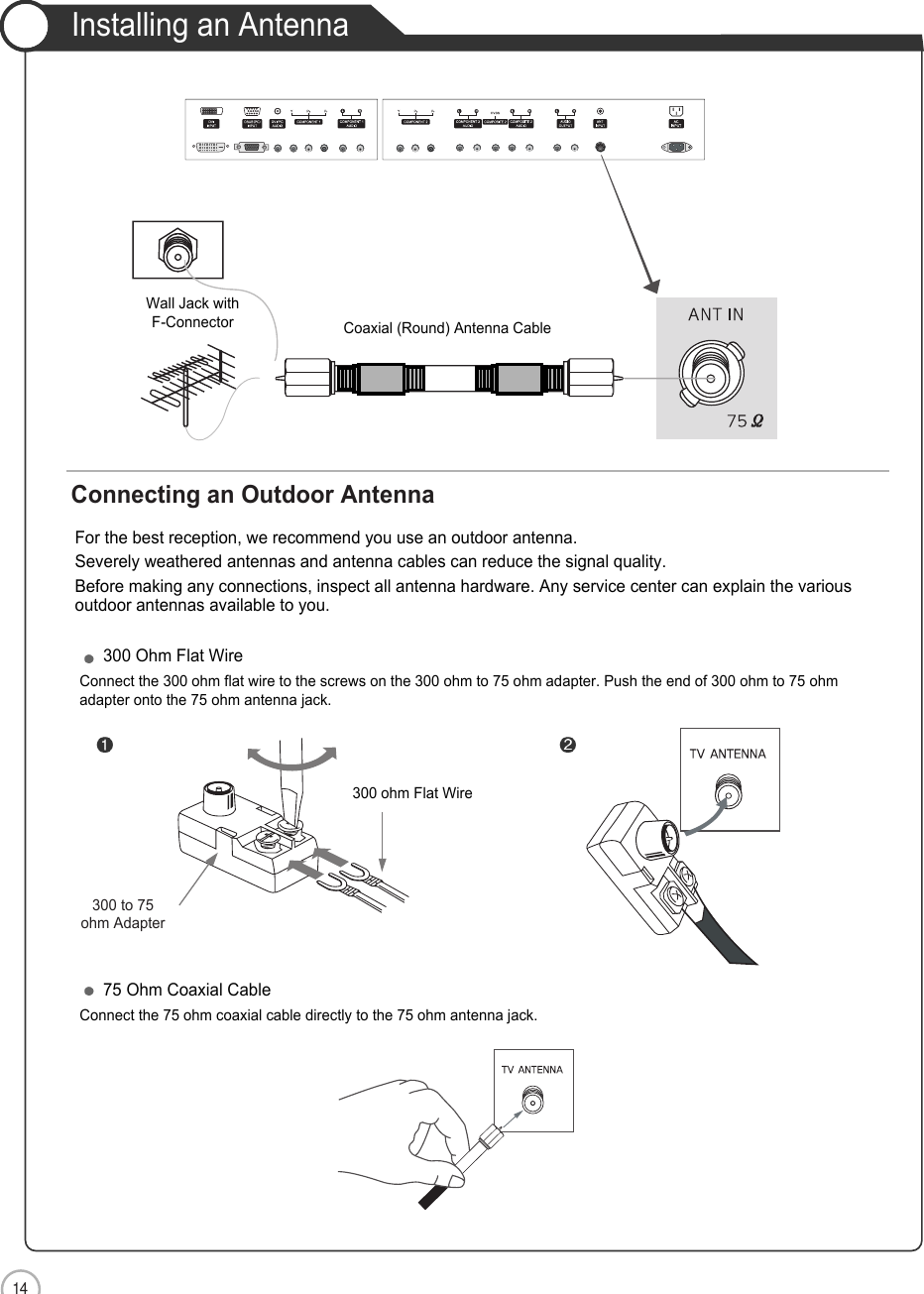 14Installing an AntennaUser Guidance InformationFor the best reception, we recommend you use an outdoor antenna.Severely weathered antennas and antenna cables can reduce the signal quality.Before making any connections, inspect all antenna hardware. Any service center can explain the variousoutdoor antennas available to you.Wall Jack withF-Connector Coaxial (Round) Antenna CableConnecting an Outdoor Antenna300 to 75ohm Adapter  300 Ohm Flat WireConnect the 300 ohm flat wire to the screws on the 300 ohm to 75 ohm adapter. Push the end of 300 ohm to 75 ohm adapter onto the 75 ohm antenna jack.75 Ohm Coaxial CableConnect the 75 ohm coaxial cable directly to the 75 ohm antenna jack.300 ohm Flat Wire 