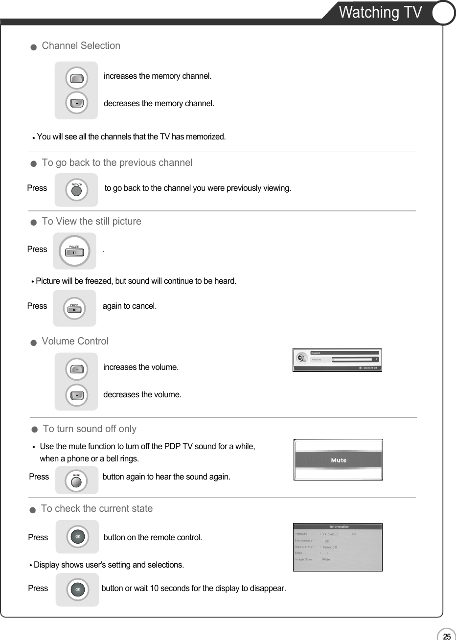 25Watching TVEN25Basic UseTo check the current state To turn sound off onlyVolume ControlChannel SelectionUse the mute function to turn off the PDP TV sound for a while,when a phone or a bell rings.Press                            to go back to the channel you were previously viewing.increases the memory channel.decreases the memory channel.Press                          button again to hear the sound again.Press                           button on the remote control.Press                          button or wait 10 seconds for the display to disappear.Display shows user&apos;s setting and selections.To go back to the previous channel To View the still pictureincreases the volume.decreases the volume.Press                           .Picture will be freezed, but sound will continue to be heard. Press                           again to cancel.You will see all the channels that the TV has memorized.