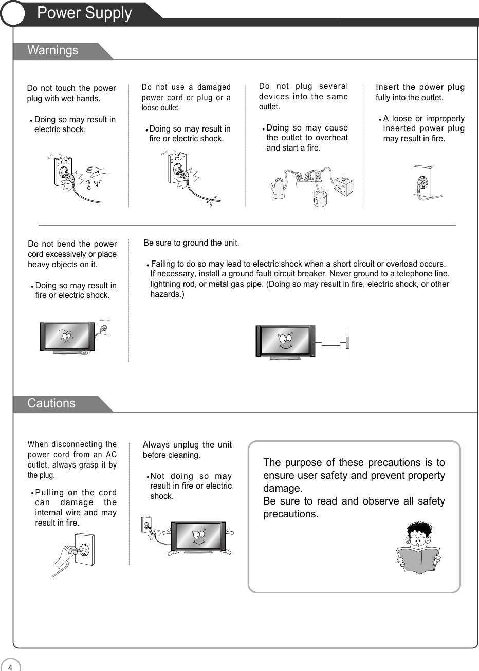 4Safety PrecautionsCautionsWarningsPower SupplyDo not use a damagedpower cord or plug or aloose outlet.Doing so may result infire or electric shock.Do not plug severaldevices into the sameoutlet.Doing so may causethe outlet to overheatand start a fire.Insert the power plugfully into the outlet.A loose or improperlyinserted power plugmay result in fire.Do not touch the powerplug with wet hands.Doing so may result inelectric shock.Be sure to ground the unit.Failing to do so may lead to electric shock when a short circuit or overload occurs. If necessary, install a ground fault circuit breaker. Never ground to a telephone line, lightning rod, or metal gas pipe. (Doing so may result in fire, electric shock, or other hazards.)Do not bend the powercord excessively or placeheavy objects on it.Doing so may result infire or electric shock.Always unplug the unitbefore cleaning.Not doing so mayresult in fire or electricshock.When disconnecting thepower cord from an ACoutlet, always grasp it bythe plug.Pulling on the cordcan damage theinternal wire and mayresult in fire.The purpose of these precautions is toensure user safety and prevent propertydamage. Be sure to read and observe all safetyprecautions.