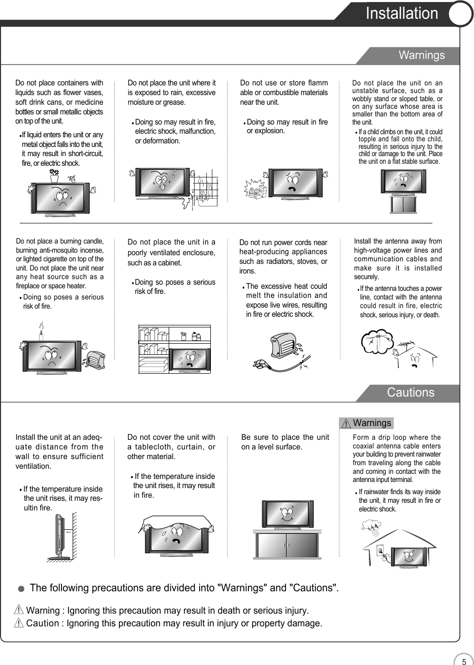 5Safety PrecautionsCautionsWarningsInstallationWarningsDo not place the unit where itis exposed to rain, excessivemoisture or grease. Doing so may result in fire,electric shock, malfunction,or deformation.Do not use or store flammable or combustible materialsnear the unit.Doing so may result in fireor explosion.Do not place the unit on anunstable surface, such as awobbly stand or sloped table, oron any surface whose area issmaller than the bottom area ofthe unit.If a child climbs on the unit, it couldtopple and fall onto the child,resulting in serious injury to thechild or damage to the unit. Placethe unit on a flat stable surface.Do not place containers withliquids such as flower vases,soft drink cans, or medicinebottles or small metallic objectson top of the unit.If liquid enters the unit or anymetal object falls into the unit,it may result in short-circuit,fire, or electric shock.Do not place the unit in apoorly ventilated enclosure,such as a cabinet.Doing so poses a seriousrisk of fire.Do not run power cords nearheat-producing appliancessuch as radiators, stoves, orirons.The excessive heat couldmelt the insulation andexpose live wires, resultingin fire or electric shock.Install the antenna away fromhigh-voltage power lines andcommunication cables andmake sure it is installedsecurely.If the antenna touches a powerline, contact with the antennacould result in fire, electricshock, serious injury, or death.Do not place a burning candle,burning anti-mosquito incense,or lighted cigarette on top of theunit. Do not place the unit nearany heat source such as afireplace or space heater.Doing so poses a seriousrisk of fire.Install the unit at an adeq-uate distance from thewall to ensure sufficientventilation.If the temperature insidethe unit rises, it may res-ultin fire.Do not cover the unit witha tablecloth, curtain, orother material.If the temperature insidethe unit rises, it may resultin fire.Be sure to place the uniton a level surface.Form a drip loop where thecoaxial antenna cable entersyour building to prevent rainwaterfrom traveling along the cableand coming in contact with theantenna input terminal.If rainwater finds its way insidethe unit, it may result in fire orelectric shock.The following precautions are divided into &quot;Warnings&quot; and &quot;Cautions&quot;.Warning : Ignoring this precaution may result in death or serious injury.Caution : Ignoring this precaution may result in injury or property damage.EN