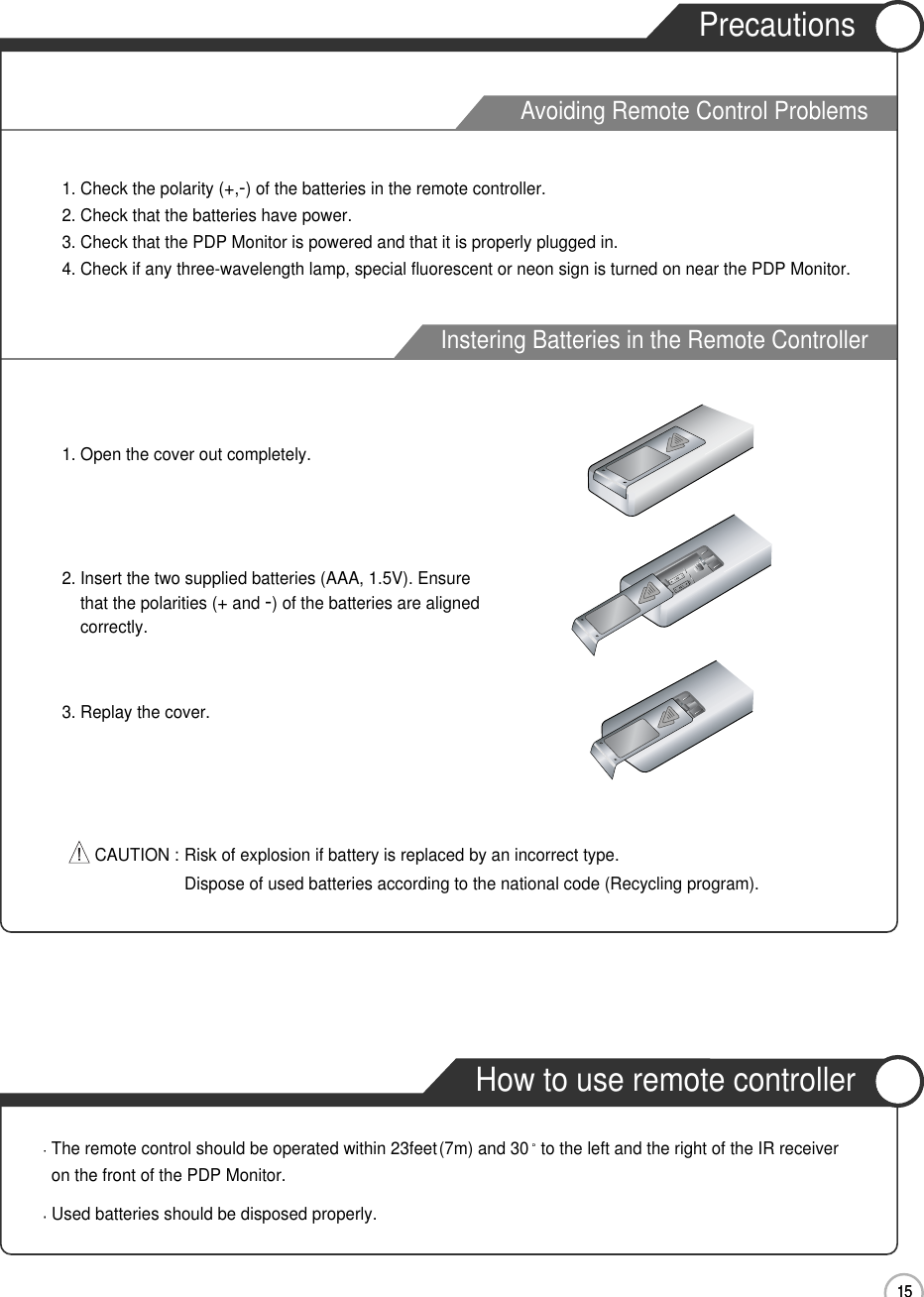 15Avoiding Remote Control ProblemsInstering Batteries in the Remote ControllerPrecautionsHow to use remote controller2. Insert the two supplied batteries (AAA, 1.5V). Ensurethat the polarities (+and -) of the batteries are alignedcorrectly.1. Open the cover out completely.3. Replay the cover.1. Check the polarity (+,-) of the batteries in the remote controller.2. Check that the batteries have power.3. Check that the PDP Monitor is powered and that it is properly plugged in.4. Check if any three-wavelength lamp, special fluorescent or neon sign is turned on near the PDP Monitor.CAUTION : Risk of explosion if battery is replaced by an incorrect type.Dispose of used batteries according to the national code (Recycling program).The remote control should be operated within 23feet(7m) and 30 to the left and the right of the IR receiveron the front of the PDP Monitor.Used batteries should be disposed properly.15User Guidance Information