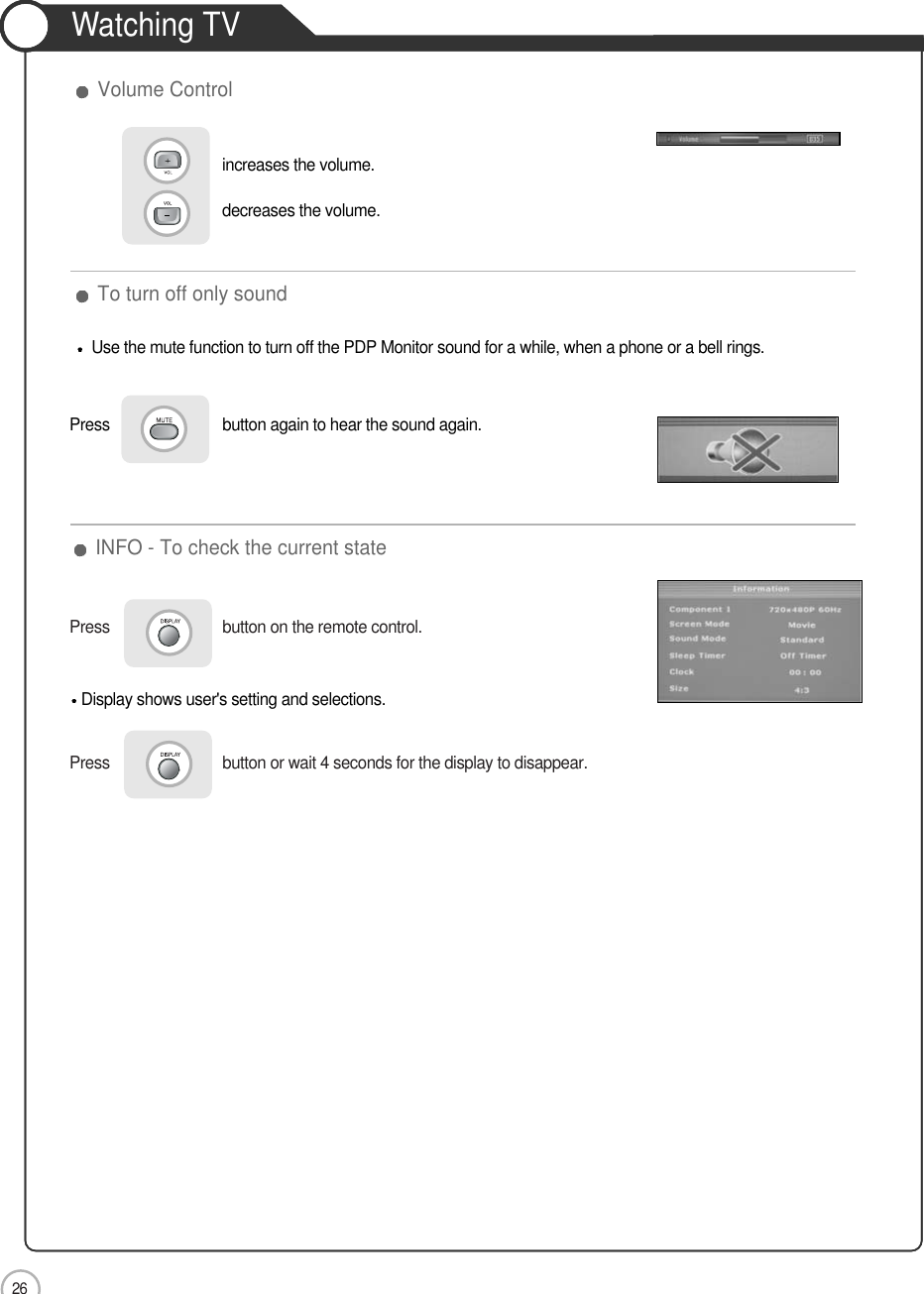26Press                           button on the remote control.Press                           button or wait 4 seconds for the display to disappear.Basic UseINFO - To check the current state To turn off only soundVolume ControlUse the mute function to turn off the PDP Monitor sound for a while, when a phone or a bell rings.Press                           button again to hear the sound again.Display shows user&apos;s setting and selections.increases the volume.decreases the volume.Watching TV