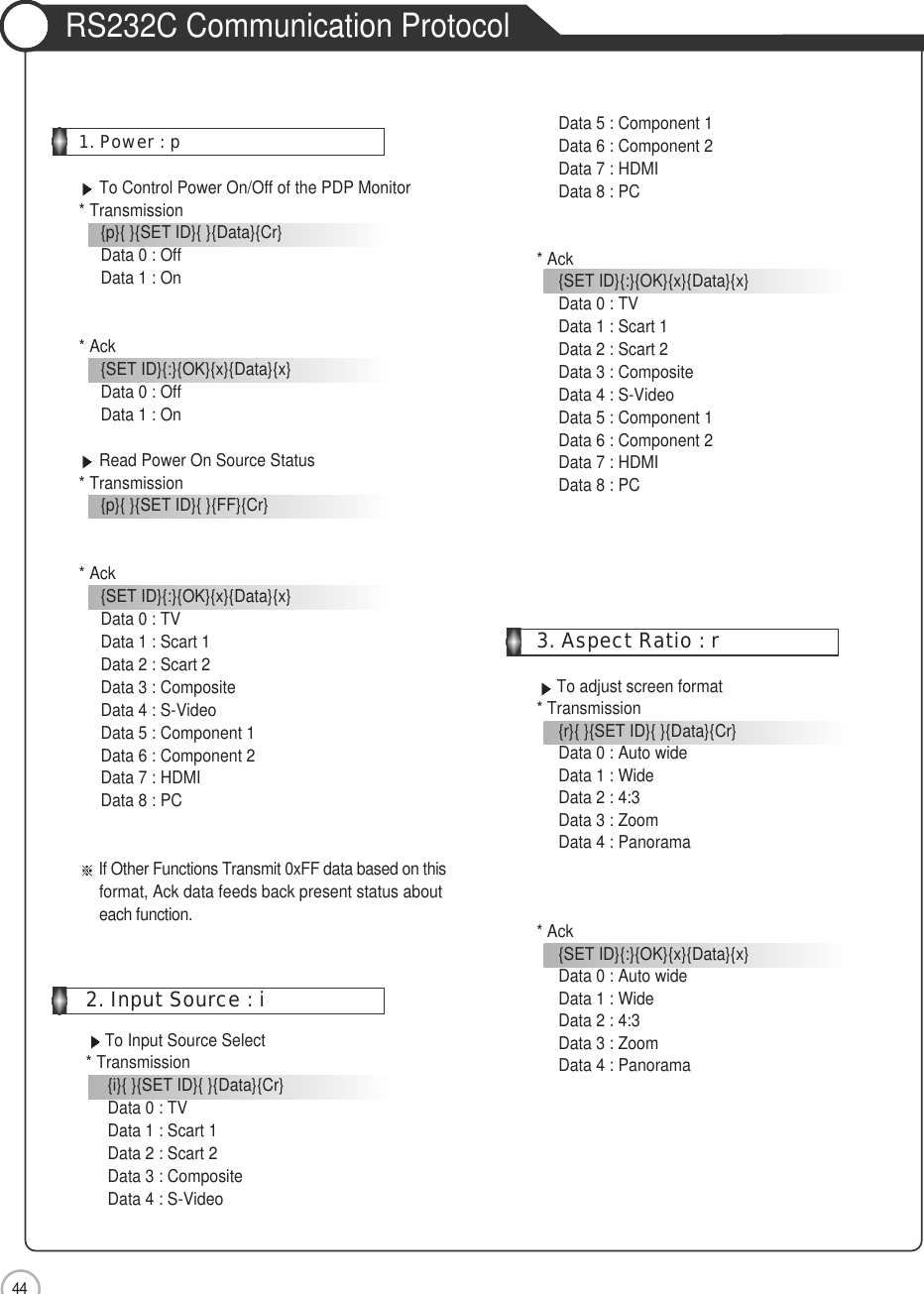 44External adjustmentRS232C Communication Protocol2. Input Source : iTo Input Source Select* Transmission{i}{ }{SET ID}{ }{Data}{Cr}Data 0 : TVData 1 : Scart 1Data 2 : Scart 2Data 3 : CompositeData 4 : S-Video1. Power : pTo Control Power On/Off of the PDP Monitor  * Transmission{p}{ }{SET ID}{ }{Data}{Cr}Data 0 : OffData 1 : On* Ack{SET ID}{:}{OK}{x}{Data}{x}Data 0 : OffData 1 : OnRead Power On Source Status* Transmission{p}{ }{SET ID}{ }{FF}{Cr}* Ack{SET ID}{:}{OK}{x}{Data}{x}Data 0 : TVData 1 : Scart 1Data 2 : Scart 2Data 3 : CompositeData 4 : S-VideoData 5 : Component 1Data 6 : Component 2  Data 7 : HDMI  Data 8 : PC If Other Functions Transmit 0xFF data based on thisformat, Ack data feeds back present status abouteach function. Data 5 : Component 1Data 6 : Component 2  Data 7 : HDMI  Data 8 : PC  * Ack{SET ID}{:}{OK}{x}{Data}{x}Data 0 : TVData 1 : Scart 1Data 2 : Scart 2Data 3 : CompositeData 4 : S-VideoData 5 : Component 1Data 6 : Component 2  Data 7 : HDMI  Data 8 : PC 3. Aspect Ratio : rTo adjust screen format* Transmission{r}{ }{SET ID}{ }{Data}{Cr}Data 0 : Auto wideData 1 : WideData 2 : 4:3Data 3 : ZoomData 4 : Panorama* Ack{SET ID}{:}{OK}{x}{Data}{x}Data 0 : Auto wideData 1 : WideData 2 : 4:3Data 3 : ZoomData 4 : Panorama