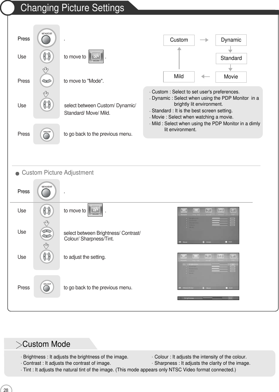 28Use                             select between Custom/ Dynamic/ Standard/ Move/ Mild.Press                           to go back to the previous menu.    Use                              to move to               .                  Press                           to move to &quot;Mode&quot;.    Use                              to move to               .                  Use                             select between Brightness/ Contrast/ Colour/ Sharpness/Tint.Use                             to adjust the setting.Press                           to go back to the previous menu.    Basic UsePress                           .Custom Picture AdjustmentCustom : Select to set user&apos;s preferences.Dynamic : Select when using the PDP Monitor  in abrightly lit environment.Standard : It is the best screen setting.Movie : Select when watching a movie. Mild : Select when using the PDP Monitor in a dimlylit environment.Custom DynamicStandardMovieMildPress                           .Custom ModeBrightness : It adjusts the brightness of the image.              Contrast : It adjusts the contrast of image.Tint : It adjusts the natural tint of the image. (This mode appears only NTSC Video format connected.)Colour : It adjusts the intensity of the colour.Sharpness : It adjusts the clarity of the image.Changing Picture Settings