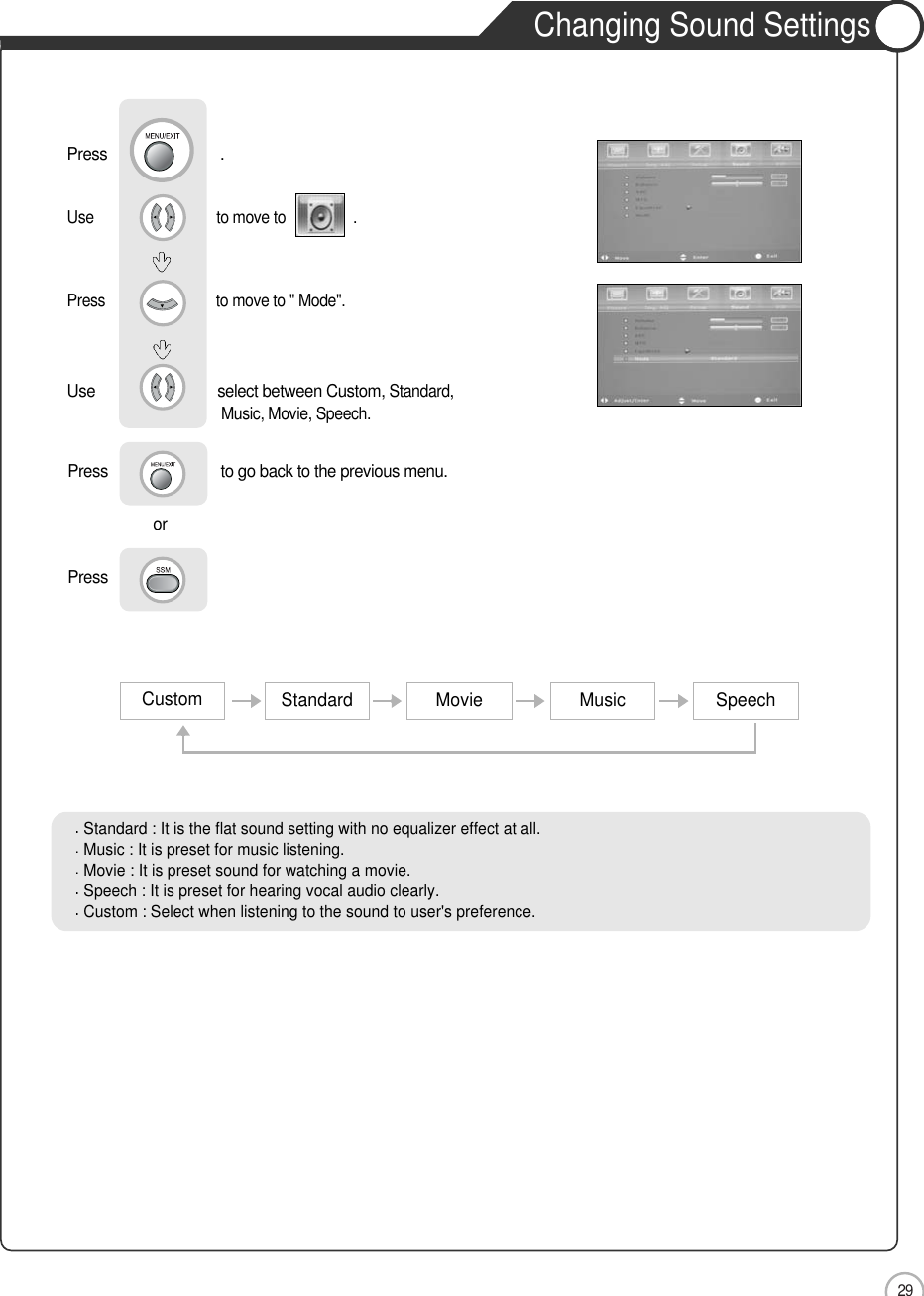 29Changing Sound SettingsUse                               to move to                 .                  Press                            to move to &quot; Mode&quot;.    Use                             select between Custom, Standard, Music, Movie, Speech. Basic UsePress                           to go back to the previous menu.    Press                     orPress                           .Custom Standard Movie Music SpeechStandard : It is the flat sound setting with no equalizer effect at all.Music : It is preset for music listening.Movie : It is preset sound for watching a movie.Speech : It is preset for hearing vocal audio clearly.Custom : Select when listening to the sound to user&apos;s preference.