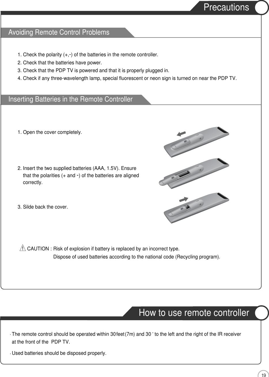 19Avoiding Remote Control ProblemsInserting Batteries in the Remote ControllerUser Guidance Information2. Insert the two supplied batteries (AAA, 1.5V). Ensurethat the polarities (+and -) of the batteries are alignedcorrectly.3. Silde back the cover.1. Check the polarity (+,-) of the batteries in the remote controller.2. Check that the batteries have power.3. Check that the PDP TV is powered and that it is properly plugged in.4. Check if any three-wavelength lamp, special fluorescent or neon sign is turned on near the PDP TV.CAUTION : Risk of explosion if battery is replaced by an incorrect type.Dispose of used batteries according to the national code (Recycling program).The remote control should be operated within 30feet(7m) and 30 to the left and the right of the IR receiverat the front of the  PDP TV.Used batteries should be disposed properly.How to use remote controllerPrecautions1. Open the cover completely.