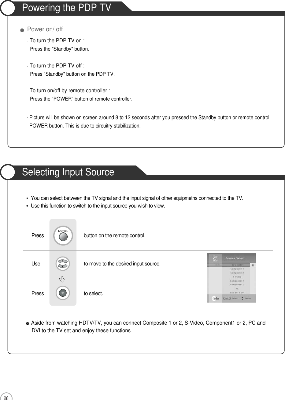 26Powering the PDP TVPower on/ offTo turn the PDP TV on :Press the &quot;Standby&quot; button. To turn the PDP TV off :Press &quot;Standby&quot; button on the PDP TV. To turn on/off by remote controller :Press the “POWER” button of remote controller.Picture will be shown on screen around 8 to 12 seconds after you pressed the Standby button or remote controlPOWER button. This is due to circuitry stabilization.Basic UseSelecting Input SourceAside from watching HDTV/TV, you can connect Composite 1 or 2, S-Video, Component1 or 2, PC andDVI to the TV set and enjoy these functions.PressPress                               button on the remote control.Use                                  to move to the desired input source.        Press                               to select.   You can select between the TV signal and the input signal of other equipmetnsconnected to the TV.Use this function to switch to the input source you wish to view.