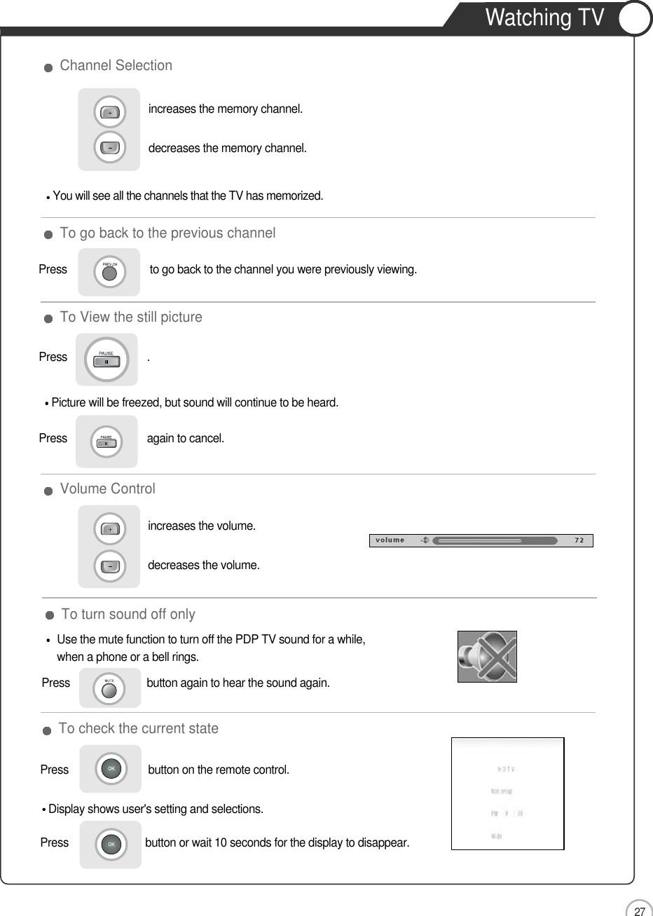 27Watching TVBasic UseTo check the current state To turn sound off onlyVolume ControlChannel SelectionUse the mute function to turn off the PDP TV sound for a while,when a phone or a bell rings.Press                            to go back to the channel you were previously viewing.increases the memory channel.decreases the memory channel.Press                          button again to hear the sound again.Press                           button on the remote control.Press                          button or wait 10 seconds for the display to disappear.Display shows user&apos;s setting and selections.To go back to the previous channel To View the still pictureincreases the volume.decreases the volume.Press                           .Picture will be freezed, but sound will continue to be heard. Press                           again to cancel.You will see all the channels that the TV has memorized.