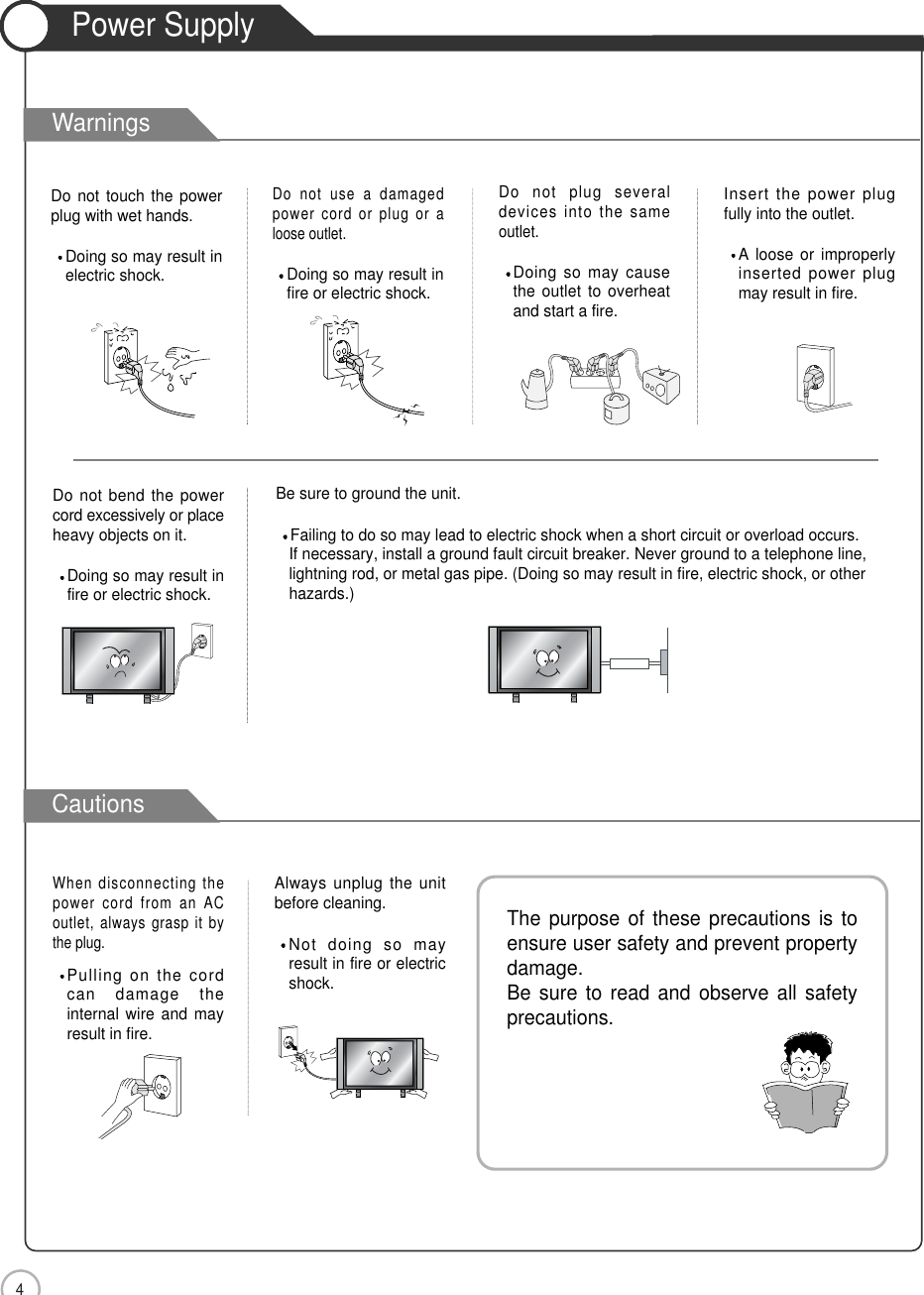 4Safety PrecautionsPower SupplyCautionsWarningsDo not use a damagedpower cord or plug or aloose outlet.Doing so may result infire or electric shock.Do not plug severaldevices into the sameoutlet.Doing so may causethe outlet to overheatand start a fire.Insert the power plugfully into the outlet.A loose or improperlyinserted power plugmay result in fire.Do not touch the powerplug with wet hands.Doing so may result inelectric shock.Be sure to ground the unit.Failing to do so may lead to electric shock when a short circuit or overload occurs. If necessary, install a ground fault circuit breaker. Never ground to a telephone line, lightning rod, or metal gas pipe. (Doing so may result in fire, electric shock, or other hazards.)Do not bend the powercord excessively or placeheavy objects on it.Doing so may result infire or electric shock.Always unplug the unitbefore cleaning.Not doing so mayresult in fire or electricshock.When disconnecting thepower cord from an ACoutlet, always grasp it bythe plug.Pulling on the cordcan damage theinternal wire and mayresult in fire.The purpose of these precautions is toensure user safety and prevent propertydamage. Be sure to read and observe all safetyprecautions.