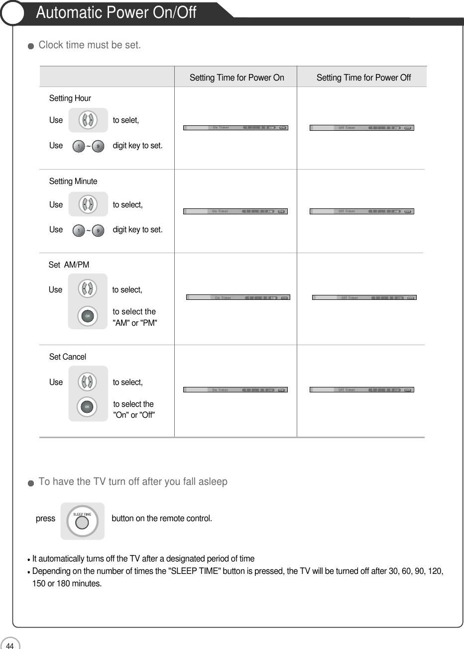 44Automatic Power On/OffApplicationSetting Time for Power On  Setting Time for Power OffSetting HourUse                         to selet,Use                         digit key to set.Setting MinuteUse                         to select, Use                         digit key to set.Set CancelUse                         to select, to select the&quot;On&quot; or &quot;Off&quot;press                           button on the remote control. It automatically turns off the TV after a designated period of timeDepending on the number of times the &quot;SLEEP TIME&quot; button is pressed, the TV will be turned off after 30, 60, 90, 120,150 or 180 minutes. To have the TV turn off after you fall asleepClock time must be set.Set  AM/PMUse                         to select, to select the&quot;AM&quot; or &quot;PM&quot;