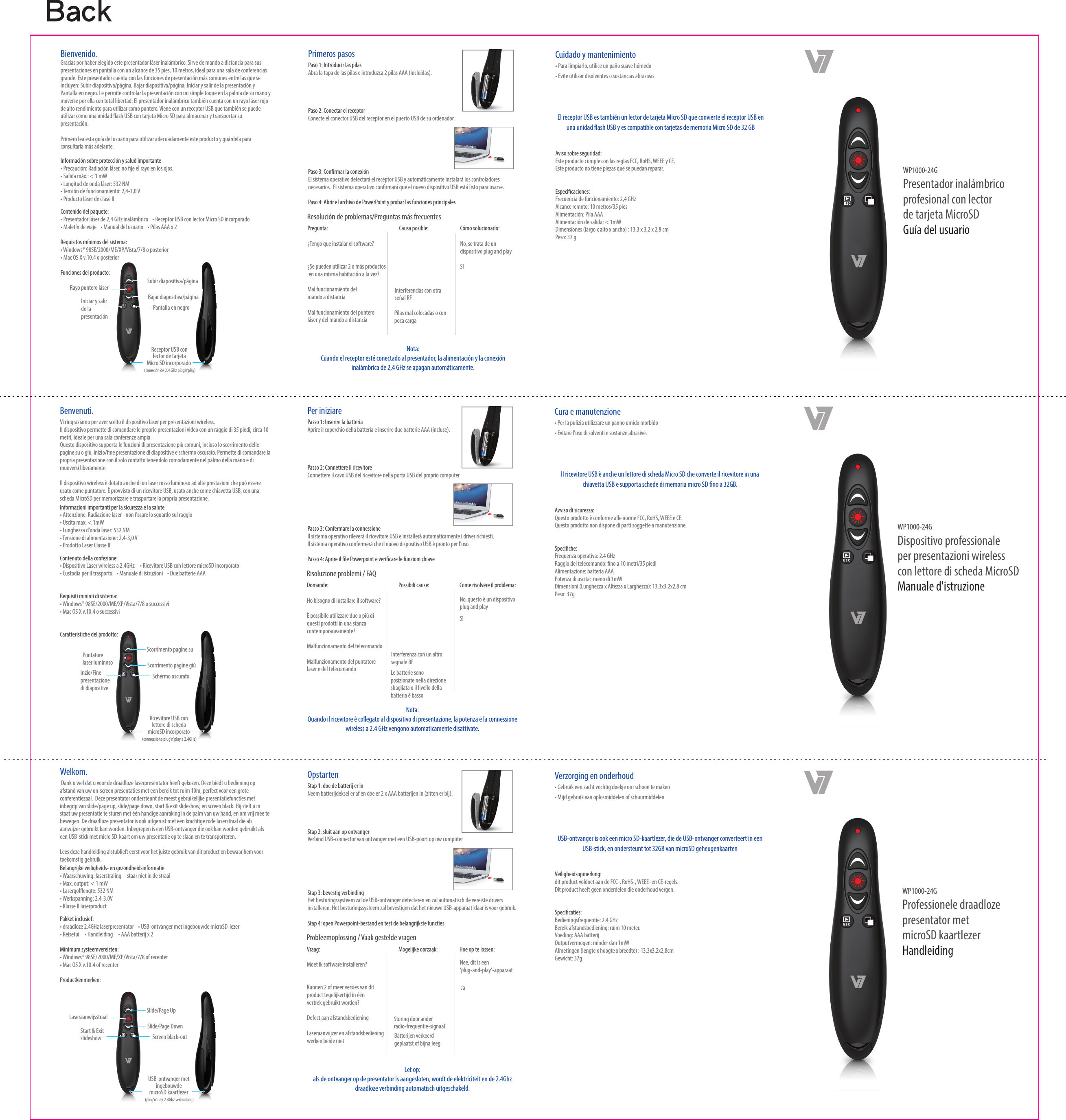 Bienvenido.Gracias por haber elegido este presentador l&aacute;ser inal&aacute;mbrico. Sirve de mando a distancia para sus presentaciones en pantalla con un alcance de 35 pies, 10 metros, ideal para una sala de conferencias grande. Este presentador cuenta con las funciones de presentaci&oacute;n m&aacute;s comunes entre las que se incluyen: Subir diapositiva/p&aacute;gina, Bajar diapositiva/p&aacute;gina, Iniciar y salir de la presentaci&oacute;n y Pantalla en negro. Le permite controlar la presentaci&oacute;n con un simple toque en la palma de su mano y moverse por ella con total libertad. El presentador inal&aacute;mbrico tambi&eacute;n cuenta con un rayo l&aacute;ser rojo de alto rendimiento para utilizar como puntero. Viene con un receptor USB que tambi&eacute;n se puede utilizar como una unidad ash USB con tarjeta Micro SD para almacenar y transportar su presentaci&oacute;n. Primero lea esta gu&iacute;a del usuario para utilizar adecuadamente este producto y gu&aacute;rdela para consultarla m&aacute;s adelante.Cuidado y mantenimiento &bull; Para limpiarlo, utilice un pa&ntilde;o suave h&uacute;medo&bull; Evite utilizar disolventes o sustancias abrasivasInformaci&oacute;n sobre protecci&oacute;n y salud importante&bull; Precauci&oacute;n: Radiaci&oacute;n l&aacute;ser, no je el rayo en los ojos.&bull; Salida m&aacute;x.: < 1 mW&bull; Longitud de onda l&aacute;ser: 532 NM&bull; Tensi&oacute;n de funcionamiento: 2,4-3,0 V&bull; Producto l&aacute;ser de clase IIContenido del paquete:&bull; Presentador l&aacute;ser de 2,4 GHz inal&aacute;mbrico    &bull; Receptor USB con lector Micro SD incorporado&bull; Malet&iacute;n de viaje    &bull; Manual del usuario    &bull; Pilas AAA x 2Requisitos m&iacute;nimos del sistema:&bull; Windows&reg; 98SE/2000/ME/XP/Vista/7/8 o posterior&bull; Mac OS X v.10.4 o posteriorFunciones del producto:Rayo puntero l&aacute;ser Subir diapositiva/p&aacute;ginaBajar diapositiva/p&aacute;ginaIniciar y salir de la presentaci&oacute;nPantalla en negroReceptor USB con lector de tarjeta Micro SD incorporado  (conexi&oacute;n de 2,4 GHz plug&rsquo;n&rsquo;play)Primeros pasosPaso 1: Introducir las pilasAbra la tapa de las pilas e introduzca 2 pilas AAA (incluidas).Paso 2: Conectar el receptorConecte el conector USB del receptor en el puerto USB de su ordenador.Paso 3: Conrmar la conexi&oacute;nEl sistema operativo detectar&aacute; el receptor USB y autom&aacute;ticamente instalar&aacute; los controladores necesarios.  El sistema operativo conrmar&aacute; que el nuevo dispositivo USB est&aacute; listo para usarse.Paso 4: Abrir el archivo de PowerPoint y probar las funciones principales Resoluci&oacute;n de problemas/Preguntas m&aacute;s frecuentesPregunta:      Causa posible:      C&oacute;mo solucionarlo:&iquest;Tengo que instalar el software?      No, se trata de un      dispositivo plug and play&iquest;Se pueden utilizar 2 o m&aacute;s productos      S&iacute; en una misma habitaci&oacute;n a la vez?Mal funcionamiento del mando a distancia                        Mal funcionamiento del puntero l&aacute;ser y del mando a distancia                      Nota:Cuando el receptor est&eacute; conectado al presentador, la alimentaci&oacute;n y la conexi&oacute;n inal&aacute;mbrica de 2,4 GHz se apagan autom&aacute;ticamente.El receptor USB es tambi&eacute;n un lector de tarjeta Micro SD que convierte el receptor USB en una unidad ash USB y es compatible con tarjetas de memoria Micro SD de 32 GBAviso sobre seguridad: Este producto cumple con las reglas FCC, RoHS, WEEE y CE.Este producto no tiene piezas que se puedan reparar. Especicaciones:Frecuencia de funcionamiento: 2,4 GHzAlcance remoto: 10 metros/35 piesAlimentaci&oacute;n: Pila AAA Alimentaci&oacute;n de salida: < 1mWDimensiones (largo x alto x ancho) : 13,3 x 3,2 x 2,8 cmPeso: 37 gWP1000-24GPresentador inal&aacute;mbrico profesional con lector de tarjeta MicroSD Gu&iacute;a del usuarioInterferencias con otra se&ntilde;al RFPilas mal colocadas o con poca cargaBenvenuti.Vi ringraziamo per aver scelto il dispositivo laser per presentazioni wireless. Il dispositivo permette di comandare le proprie presentazioni video con un raggio di 35 piedi, circa 10 metri, ideale per una sala conferenze ampia.Questo dispositivo supporta le funzioni di presentazione pi&ugrave; comuni, incluso lo scorrimento delle pagine su o gi&ugrave;, inizio/ne presentazione di diapositive e schermo oscurato. Permette di comandare la propria presentazione con il solo contatto tenendolo comodamente nel palmo della mano e di muoversi liberamente.Il dispositivo wireless &egrave; dotato anche di un laser rosso luminoso ad alte prestazioni che pu&ograve; essere usato come puntatore. &Egrave; provvisto di un ricevitore USB, usato anche come chiavetta USB, con una scheda MicroSD per memorizzare e trasportare la propria presentazione.Cura e manutenzione &bull; Per la pulizia utilizzare un panno umido morbido&bull; Evitare l'uso di solventi e sostanze abrasive.Informazioni importanti per la sicurezza e la salute&bull; Attenzione: Radiazione laser - non ssare lo sguardo sul raggio&bull; Uscita max: < 1mW&bull; Lunghezza d'onda laser: 532 NM&bull; Tensione di alimentazione: 2,4-3,0 V&bull; Prodotto Laser Classe IIContenuto della confezione:&bull; Dispositivo Laser wireless a 2.4GHz     &bull; Ricevitore USB con lettore microSD incorporato&bull; Custodia per il trasporto    &bull; Manuale di istruzioni    &bull; Due batterie AAARequisiti minimi di sistema:&bull; Windows&reg; 98SE/2000/ME/XP/Vista/7/8 o successivi&bull; Mac OS X v.10.4 o successiviCaratteristiche del prodotto:Puntatore laser luminosoScorrimento pagine suScorrimento pagine gi&ugrave;Inzio/Fine presentazione di diapositiveSchermo oscuratoRicevitore USB con lettore di scheda microSD incorporato (connessione plug'n'play a 2.4GHz)Per iniziarePasso 1: Inserire la batteriaAprire il coperchio della batteria e inserire due batterie AAA (incluse).Passo 2: Connettere il ricevitoreConnettere il cavo USB del ricevitore nella porta USB del proprio computerPasso 3: Confermare la connessioneIl sistema operativo rilever&agrave; il ricevitore USB e installer&agrave; automaticamente i driver richiesti.Il sistema operativo confermer&agrave; che il nuovo dispositivo USB &egrave; pronto per l'uso.Passo 4: Aprire il le Powerpoint e vericare le funzioni chiave Risoluzione problemi / FAQDomande:      Possibili cause:  Come risolvere il problema: Ho bisogno di installare il software?     &Egrave; possibile utilizzare due o pi&ugrave; di questi prodotti in una stanza contemporaneamente?Malfunzionamento del telecomando Malfunzionamento del puntatore laser e del telecomando                       Nota:Quando il ricevitore &egrave; collegato al dispositivo di presentazione, la potenza e la connessione wireless a 2.4 GHz vengono automaticamente disattivate.Il ricevitore USB &egrave; anche un lettore di scheda Micro SD che converte il ricevitore in una chiavetta USB e supporta schede di memoria micro SD no a 32GB.Avviso di sicurezza:Questo prodotto &egrave; conforme alle norme FCC, RoHS, WEEE e CE.Questo prodotto non dispone di parti soggette a manutenzione.Speciche:Frequenza operativa: 2.4 GHzRaggio del telecomando: no a 10 metri/35 piediAlimentazione: batteria AAAPotenza di uscita:  meno di 1mWDimensioni (Lunghezza x Altezza x Larghezza): 13,3x3,2x2,8 cmPeso: 37gWP1000-24GDispositivo professionale per presentazioni wireless con lettore di scheda MicroSDManuale d'istruzioneInterferenza con un altro segnale RFNo, questo &egrave; un dispositivo plug and playS&igrave;Le batterie sono posizionate nella direzione sbagliata o il livello della batteria &egrave; bassoWelkom.   Dank u wel dat u voor de draadloze laserpresentator heeft gekozen. Deze biedt u bediening op afstand van uw on-screen presentaties met een bereik tot ruim 10m, perfect voor een grote conferentiezaal.  Deze presentator ondersteunt de meest gebruikelijke presentatiefuncties met inbegrip van slide/page up, slide/page down, start &amp; exit slideshow, en screen black. Hij stelt u in staat uw presentatie te sturen met &eacute;&eacute;n handige aanraking in de palm van uw hand, en om vrij mee te bewegen. De draadloze presentator is ook uitgerust met een krachtige rode laserstraal die als aanwijzer gebruikt kan worden. Inbegrepen is een USB-ontvanger die ook kan worden gebruikt als een USB-stick met micro SD-kaart om uw presentatie op te slaan en te transporteren.Lees deze handleiding alstublieft eerst voor het juiste gebruik van dit product en bewaar hem voor toekomstig gebruik..Verzorging en onderhoud &bull; Gebruik een zacht vochtig doekje om schoon te maken&bull; Mijd gebruik van oplosmiddelen of schuurmiddelenBelangrijke veiligheids- en gezondheidsinformatie&bull; Waarschuwing: laserstraling &ndash; staar niet in de straal&bull; Max. output: < 1 mW&bull; Lasergolengte: 532 NM&bull; Werkspanning: 2.4-3.0V&bull;Klasse II laserproductPakket inclusief:&bull; draadloze 2.4GHz laserpresentator    &bull; USB-ontvanger met ingebouwde microSD-lezer&bull; Reisetui     &bull; Handleiding     &bull; AAA batterij x 2Minimum systeemvereisten:&bull; Windows&reg; 98SE/2000/ME/XP/Vista/7/8 of recenter&bull; Mac OS X v.10.4 of recenterProductkenmerken:Laseraanwijsstraal Slide/Page UpSlide/Page DownStart &amp; Exit slideshow Screen black-outUSB-ontvanger met ingebouwde microSD kaartlezer (plug&rsquo;n&rsquo;play 2.4Ghz verbinding)Opstarten Stap 1: doe de batterij er inNeem batterijdeksel er af en doe er 2 x AAA batterijen in (zitten er bij).Stap 2: sluit aan op ontvangerVerbind USB-connector van ontvanger met een USB-poort op uw computerStap 3: bevestig verbindingHet besturingssysteem zal de USB-ontvanger detecteren en zal automatisch de vereiste drivers installeren. Het besturingssysteem zal bevestigen dat het nieuwe USB-apparaat klaar is voor gebruik.Stap 4: open Powerpoint-bestand en test de belangrijkste functies Probleemoplossing / Vaak gestelde vragenVraag:      Mogelijke oorzaak:  Hoe op te lossen:Moet ik software installeren?      Kunnen 2 of meer versies van dit product tegelijkertijd in &eacute;&eacute;n vertrek gebruikt worden?Defect aan afstandsbediening          Laseraanwijzer en afstandsbediening werken beide niet                       Let op:als de ontvanger op de presentator is aangesloten, wordt de elektriciteit en de 2.4Ghz draadloze verbinding automatisch uitgeschakeld.USB-ontvanger is ook een micro SD-kaartlezer, die de USB-ontvanger converteert in een  USB-stick, en ondersteunt tot 32GB van microSD geheugenkaartenVeiligheidsopmerking:dit product voldoet aan de FCC-, RoHS-, WEEE- en CE-regels.Dit product heeft geen onderdelen die onderhoud vergen. Specicaties:Bedieningsfrequentie: 2.4 GHzBereik afstandsbediening: ruim 10 meter.Voeding: AAA batterijOutputvermogen: minder dan 1mWAfmetingen (lengte x hoogte x breedte) : 13,3x3,2x2,8cmGewicht: 37gWP1000-24GProfessionele draadloze presentator met microSD kaartlezerHandleiding Storing door ander radio-frequentie-signaalNee, dit is een &lsquo;plug-and-play&rsquo;-apparaatJaBatterijen verkeerd geplaatst of bijna leegBack