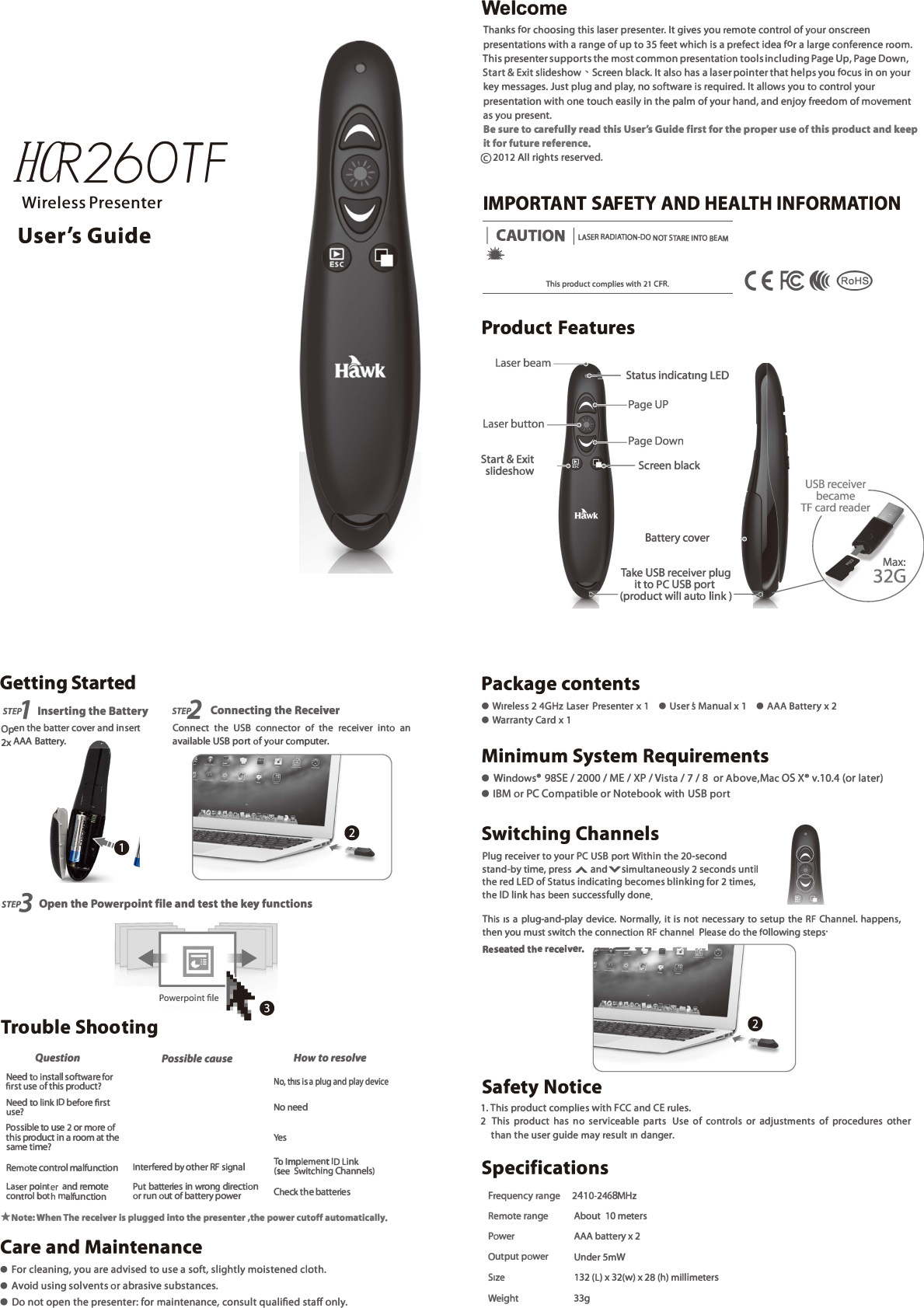 HCR260TF Wireless Presenter&rsquo;叶   d   nn  &lsquo; m3 。 。。  d  n dd t nd mdm  mmn td  m！tn『：rnd m t dtn  t。y。。。。 、。。。。。。。&rsquo; &copy; I  CAUTION  I 。一＿  d  I I I I I I x&bull; d dd mdd  dmmddmmnd 咽�   。md d  dm dmd。6m 。 。 dm mm 