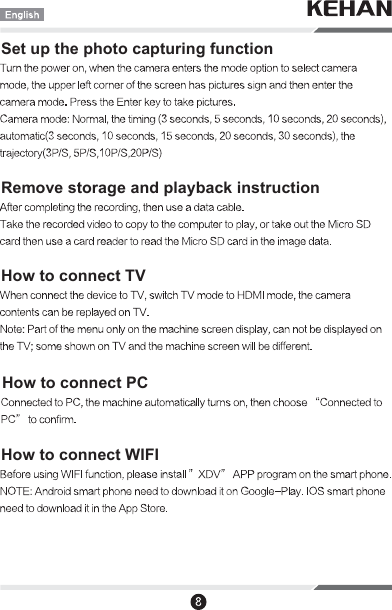 Set up the photo capturing functionRemove storage and playback instructionHow to connect WIFIHow to connect TVHow to connect PC