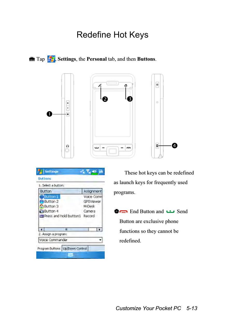  Customize Your Pocket PC    5-13 Redefine Hot Keys   Tap  , Settings, the Personal tab, and then Buttons.                   These hot keys can be redefined as launch keys for frequently used programs.    End Button and   Send Button are exclusive phone functions so they cannot be redefined.  