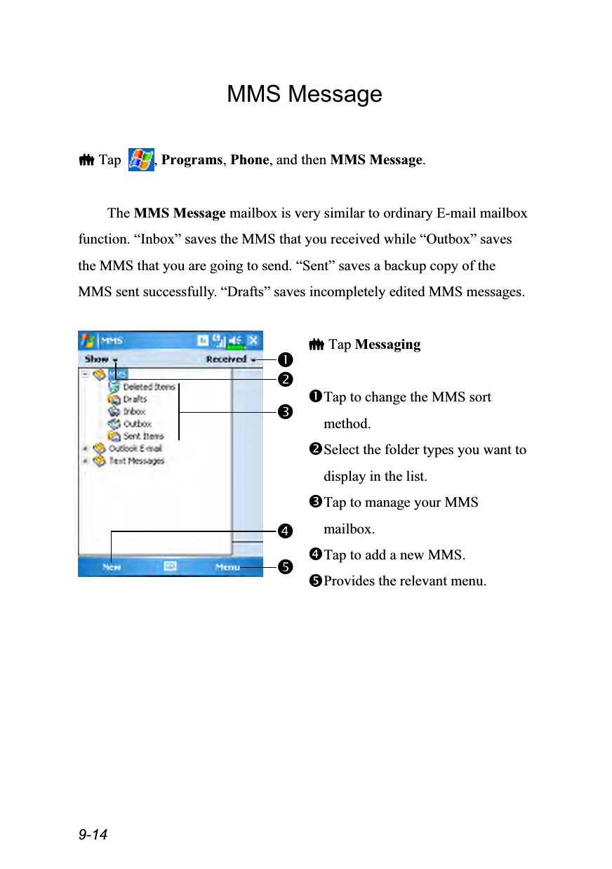  9-14 MMS Message   Tap  , Programs, Phone, and then MMS Message.  The MMS Message mailbox is very similar to ordinary E-mail mailbox function. “Inbox” saves the MMS that you received while “Outbox” saves the MMS that you are going to send. “Sent” saves a backup copy of the MMS sent successfully. “Drafts” saves incompletely edited MMS messages.    Tap Messaging  Tap to change the MMS sort method. Select the folder types you want to display in the list. Tap to manage your MMS mailbox. Tap to add a new MMS. Provides the relevant menu.  