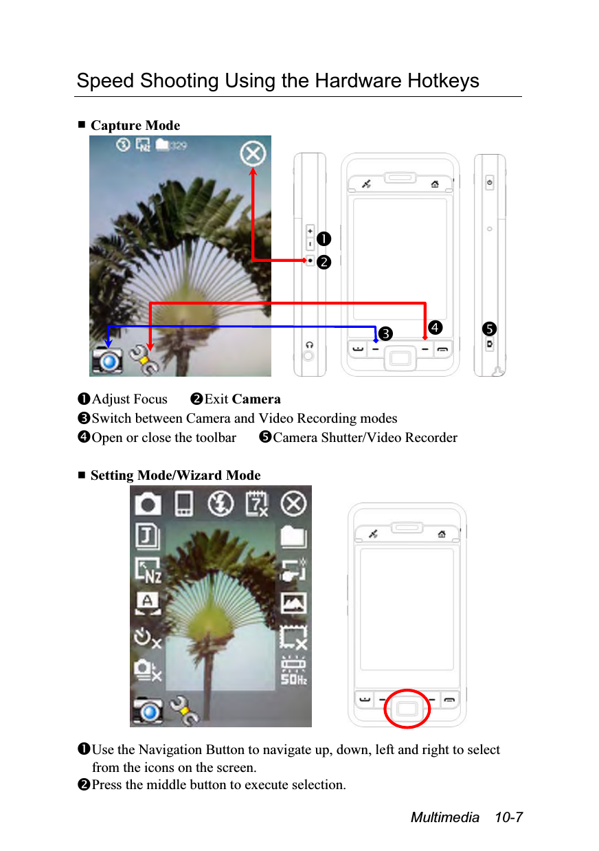  Multimedia  10-7 Speed Shooting Using the Hardware Hotkeys   Capture Mode             Adjust Focus      Exit Camera Switch between Camera and Video Recording modes   Open or close the toolbar      Camera Shutter/Video Recorder   Setting Mode/Wizard Mode         Use the Navigation Button to navigate up, down, left and right to select from the icons on the screen. Press the middle button to execute selection.  