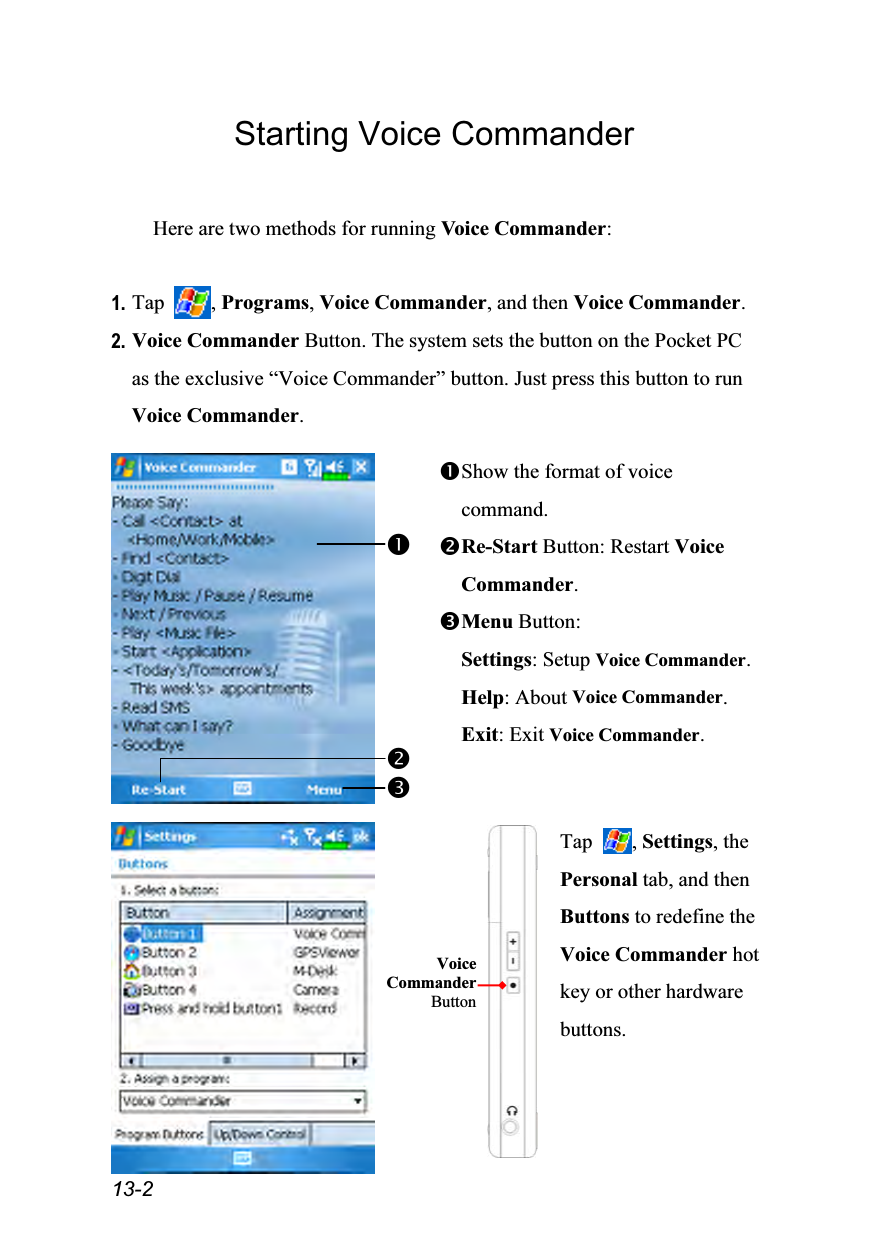  13-2 Starting Voice Commander  Here are two methods for running Voice Commander:  1. Tap  , Programs, Voice Commander, and then Voice Commander. 2. Voice Commander Button. The system sets the button on the Pocket PC as the exclusive “Voice Commander” button. Just press this button to run Voice Commander.   Show the format of voice command. Re-Start Button: Restart Voice Commander. Menu Button: Settings: Setup Voice Commander. Help: About Voice Commander. Exit: Exit Voice Commander.     Tap  , Settings, the Personal tab, and then Buttons to redefine the Voice Commander hot key or other hardware buttons. VoiceCommanderButton