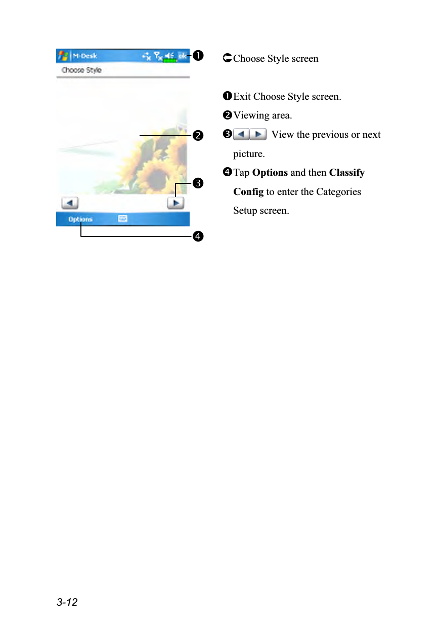  3-12  Choose Style screen  Exit Choose Style screen. Viewing area.   View the previous or next picture. Tap Options and then Classify Config to enter the Categories Setup screen.   