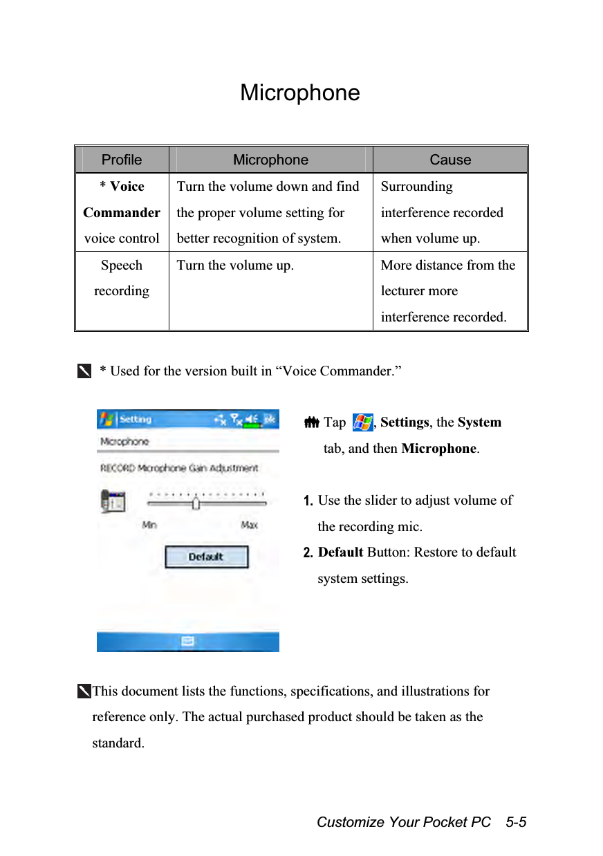  Customize Your Pocket PC    5-5 Microphone  Profile  Microphone  Cause * Voice Commander voice control Turn the volume down and find the proper volume setting for better recognition of system. Surrounding interference recorded when volume up. Speech recording Turn the volume up.  More distance from the lecturer more interference recorded.    * Used for the version built in “Voice Commander.”    Tap  , Settings, the System tab, and then Microphone.  1. Use the slider to adjust volume of the recording mic. 2. Default Button: Restore to default system settings.  This document lists the functions, specifications, and illustrations for reference only. The actual purchased product should be taken as the standard. 