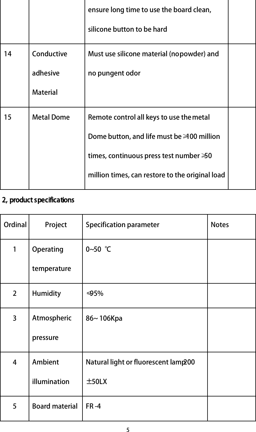 5  ensure long time to use the board clean, silicone button to be hard 14  Conductive adhesive Material Must use silicone material (no powder) and no pungent odor   15  Metal Dome  Remote control all keys to use the metal Dome button, and life must be ≥100 million times, continuous press test number ≥50 million times, can restore to the original load    2, product specifications Ordinal  Project  Specification parameter  Notes 1  Operating temperature 0~50  ℃    2  Humidity  ≤95%    3  Atmospheric pressure 86~ 106Kpa    4  Ambient illumination Natural light or fluorescent lamp 200 ± 50LX   5  Board material  FR -4    