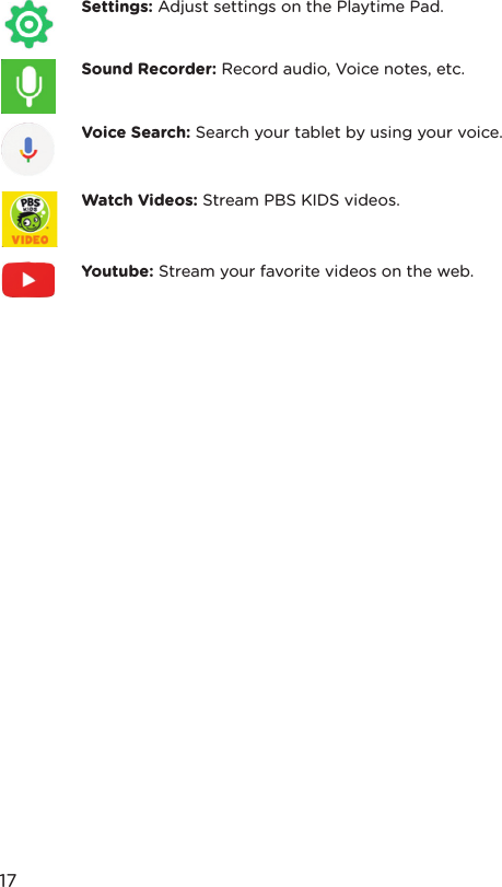 Settings: Adjust settings on the Playtime Pad.Sound Recorder: Record audio, Voice notes, etc.Voice Search: Search your tablet by using your voice. Watch Videos: Stream PBS KIDS videos.Youtube: Stream your favorite videos on the web.17