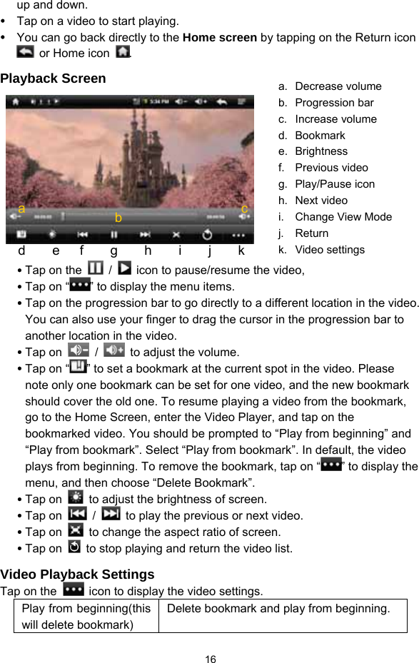  16 up and down.  Tap on a video to start playing.    You can go back directly to the Home screen by tapping on the Return icon  or Home icon . Playback Screen      Tap on the   /    icon to pause/resume the video,  Tap on “ ” to display the menu items.  Tap on the progression bar to go directly to a different location in the video. You can also use your finger to drag the cursor in the progression bar to another location in the video.  Tap on   /    to adjust the volume.    Tap on “ ” to set a bookmark at the current spot in the video. Please note only one bookmark can be set for one video, and the new bookmark should cover the old one. To resume playing a video from the bookmark, go to the Home Screen, enter the Video Player, and tap on the bookmarked video. You should be prompted to “Play from beginning” and “Play from bookmark”. Select “Play from bookmark”. In default, the video plays from beginning. To remove the bookmark, tap on “ ” to display the menu, and then choose “Delete Bookmark”.  Tap on    to adjust the brightness of screen.  Tap on   /    to play the previous or next video.  Tap on    to change the aspect ratio of screen.  Tap on    to stop playing and return the video list.   Video Playback Settings Tap on the    icon to display the video settings. Play from beginning(this will delete bookmark) Delete bookmark and play from beginning.   a  b d    e   f    g    h    i    j    k a. Decrease volume b. Progression bar c. Increase volume d. Bookmark e. Brightness f. Previous video g. Play/Pause icon h. Next video i.  Change View Mode j. Return k. Video settings c