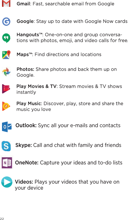 Outlook:OneNote: Capture your ideas and to-do listsVideos: Plays your videos that you have on your device Sync all your e-mails and contactsSkype: Call and chat with family and friends