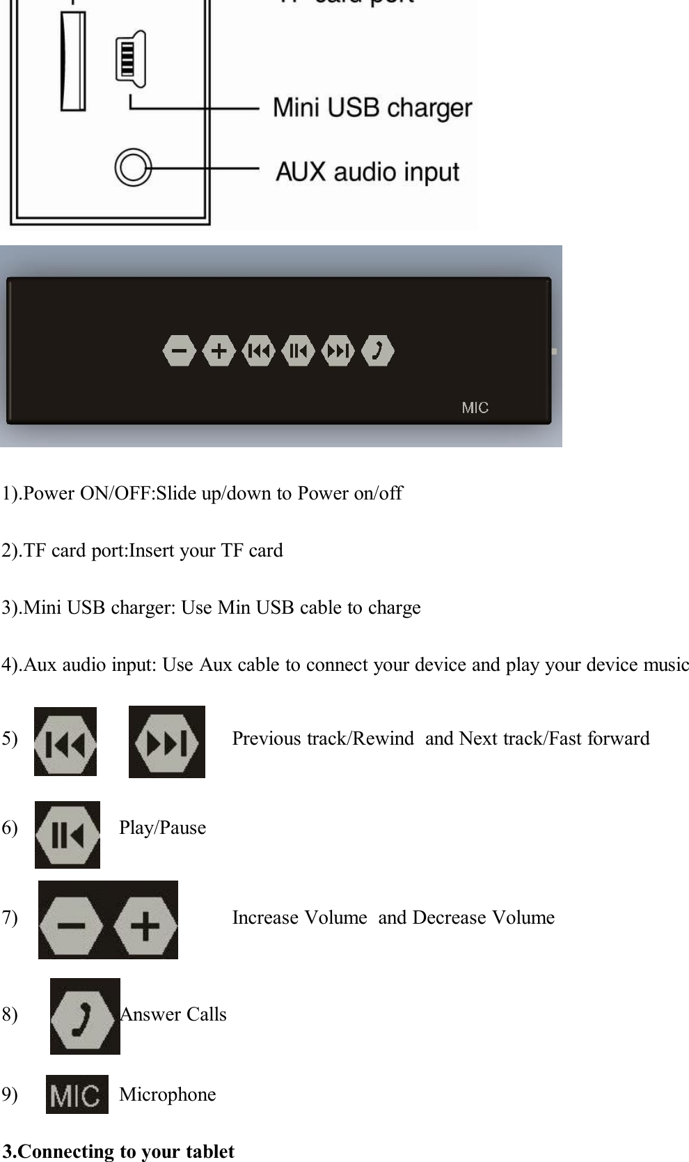 1).Power ON/OFF:Slide up/down to Power on/off2).TF card port:Insert your TF card3).Mini USB charger: Use Min USB cable to charge4).Aux audio input: Use Aux cable to connect your device and play your device music5) Previous track/Rewind  and Next track/Fast forward6) Play/Pause7) Increase Volume  and Decrease Volume8) Answer Calls9) Microphone3.Connecting to your tablet