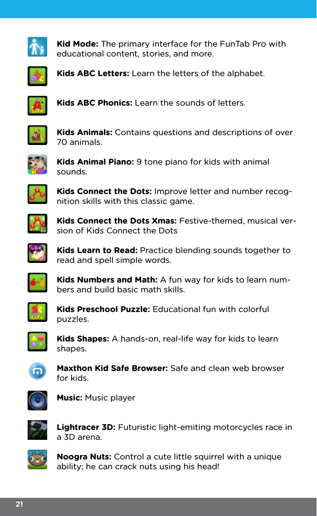 Kid Mode: The primary interface for the FunTab Pro with educational content, stories, and more.Kids ABC Letters: Learn the letters of the alphabet.Kids ABC Phonics: Learn the sounds of letters.Kids Animals: Contains questions and descriptions of over 70 animals.Kids Animal Piano: 9 tone piano for kids with animal sounds. Kids Connect the Dots: Improve letter and number recog-nition skills with this classic game.Kids Connect the Dots Xmas: Festive-themed, musical ver-sion of Kids Connect the DotsKids Learn to Read: Practice blending sounds together to read and spell simple words.Kids Numbers and Math: A fun way for kids to learn num-bers and build basic math skills.Kids Preschool Puzzle: Educational fun with colorful puzzles.Kids Shapes: A hands-on, real-life way for kids to learn shapes.Maxthon Kid Safe Browser: Safe and clean web browser for kids.Music: Music playerLightracer 3D: Futuristic light-emiting motorcycles race in a 3D arena.Noogra Nuts: Control a cute little squirrel with a unique ability; he can crack nuts using his head! 21