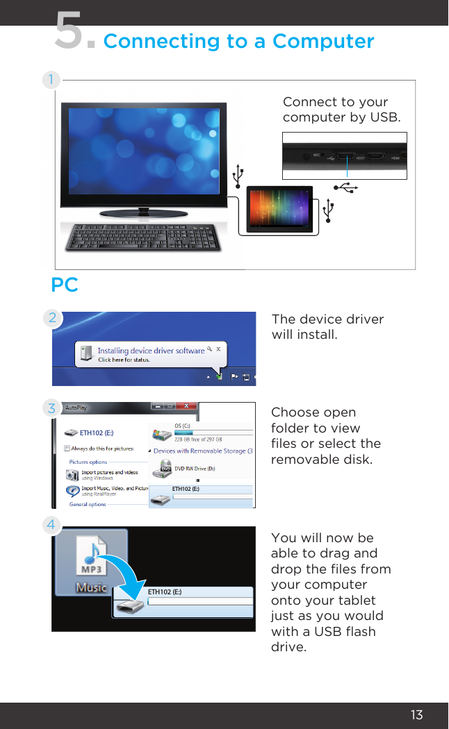 13PC5.Connecting to a ComputerThe device driver will install.21Connect to your computer by USB.Choose open folder to view les or select the removable disk.You will now be able to drag and drop the les from your computer onto your tablet just as you would with a USB ash drive.34ETH102 (E:)ETH102 (E:)ETH102 (E:)