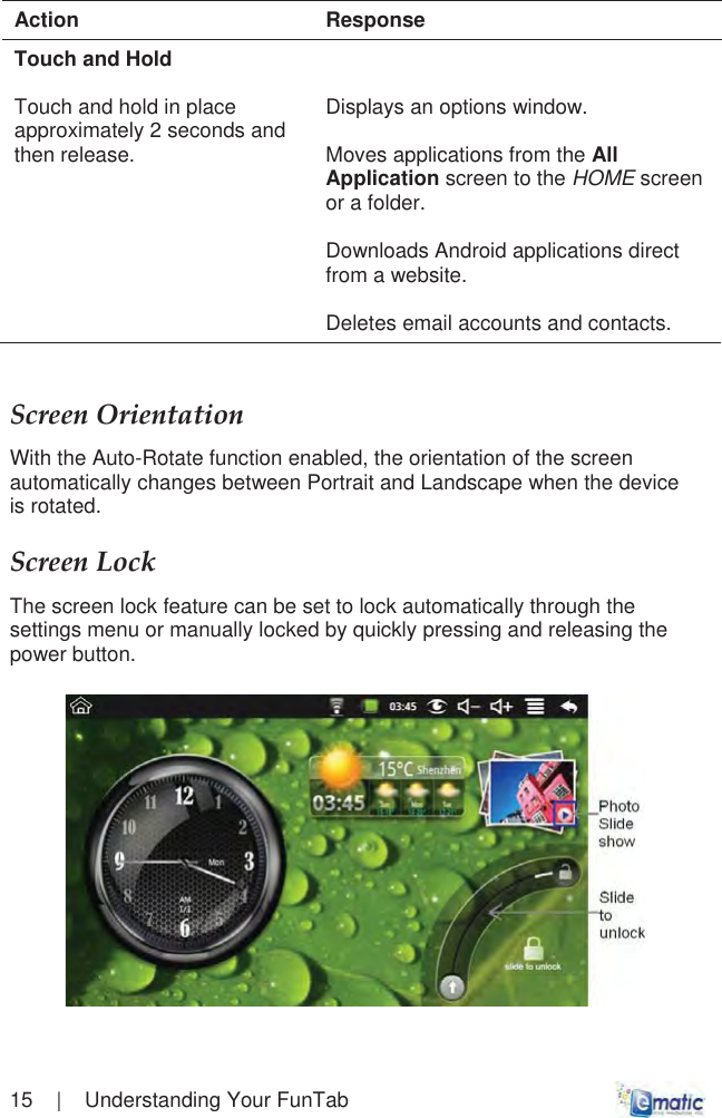 15    |    Understanding Your FunTab Action Response Touch and Hold Touch and hold in place approximately 2 seconds and then release. Displays an options window. Moves applications from the All Application screen to the HOME screen or a folder. Downloads Android applications direct from a website. Deletes email accounts and contacts. ȱScreenȱOrientationȱWith the Auto-Rotate function enabled, the orientation of the screen automatically changes between Portrait and Landscape when the device is rotated. ScreenȱLockȱThe screen lock feature can be set to lock automatically through the settings menu or manually locked by quickly pressing and releasing the power button. 