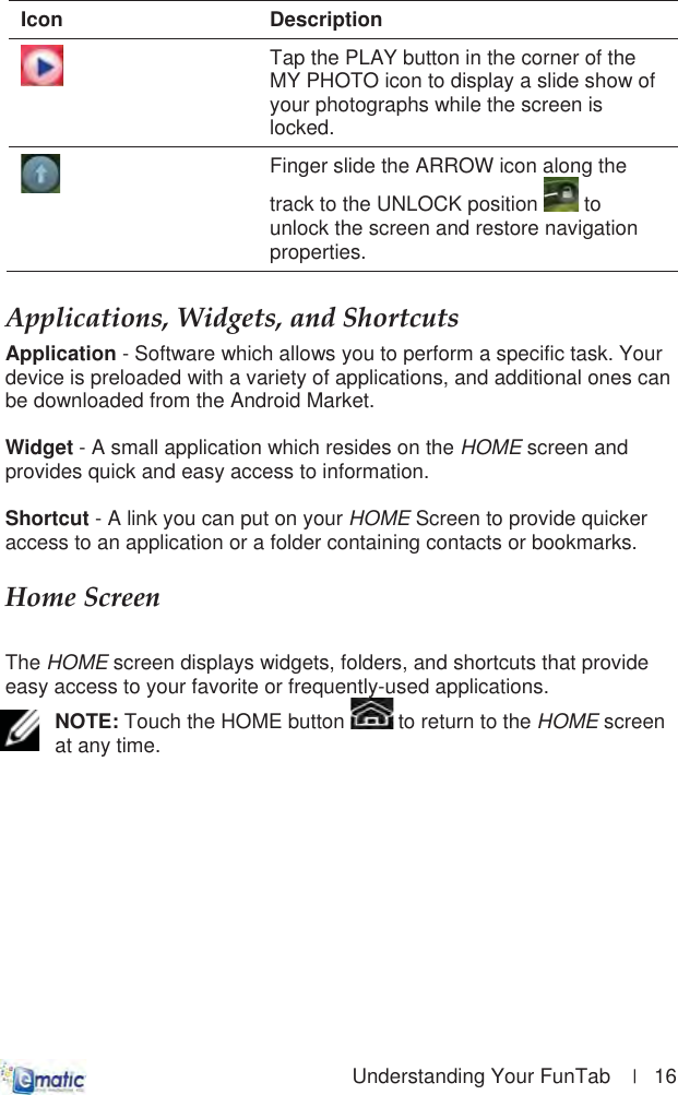                                                              Understanding Your FunTab    |   16 Icon Description Tap the PLAY button in the corner of the MY PHOTO icon to display a slide show of your photographs while the screen is locked.Finger slide the ARROW icon along the track to the UNLOCK position   to unlock the screen and restore navigation properties. Applications,ȱWidgets,ȱandȱShortcutsȱApplication - Software which allows you to perform a specific task. Your device is preloaded with a variety of applications, and additional ones can be downloaded from the Android Market.  Widget - A small application which resides on the HOME screen and provides quick and easy access to information.  Shortcut - A link you can put on your HOME Screen to provide quicker access to an application or a folder containing contacts or bookmarks. HomeȱScreenȱȱThe HOME screen displays widgets, folders, and shortcuts that provide easy access to your favorite or frequently-used applications. NOTE: Touch the HOME button   to return to the HOME screen at any time. 