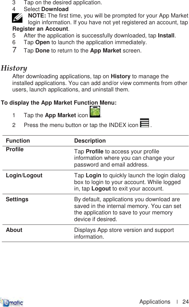                                                                                        Applications    |   24 3  Tap on the desired application. 4 Select DownloadNOTE: The first time, you will be prompted for your App Market login information. If you have not yet registered an account, tap Register an Account.5  After the application is successfully downloaded, tap Install.6 Tap Open to launch the application immediately. 7Tap Done to return to the App Market screen.HistoryȱAfter downloading applications, tap on History to manage the installed applications. You can add and/or view comments from other users, launch applications, and uninstall them. To display the App Market Function Menu: 1 Tap the App Market icon .2  Press the menu button or tap the INDEX icon   . Function Description Profile Tap Profile to access your profile information where you can change your password and email address. Login/Logout Tap Login to quickly launch the login dialog box to login to your account. While logged in, tap Logout to exit your account. Settings By default, applications you download are saved in the internal memory. You can set the application to save to your memory device if desired. About Displays App store version and support information.